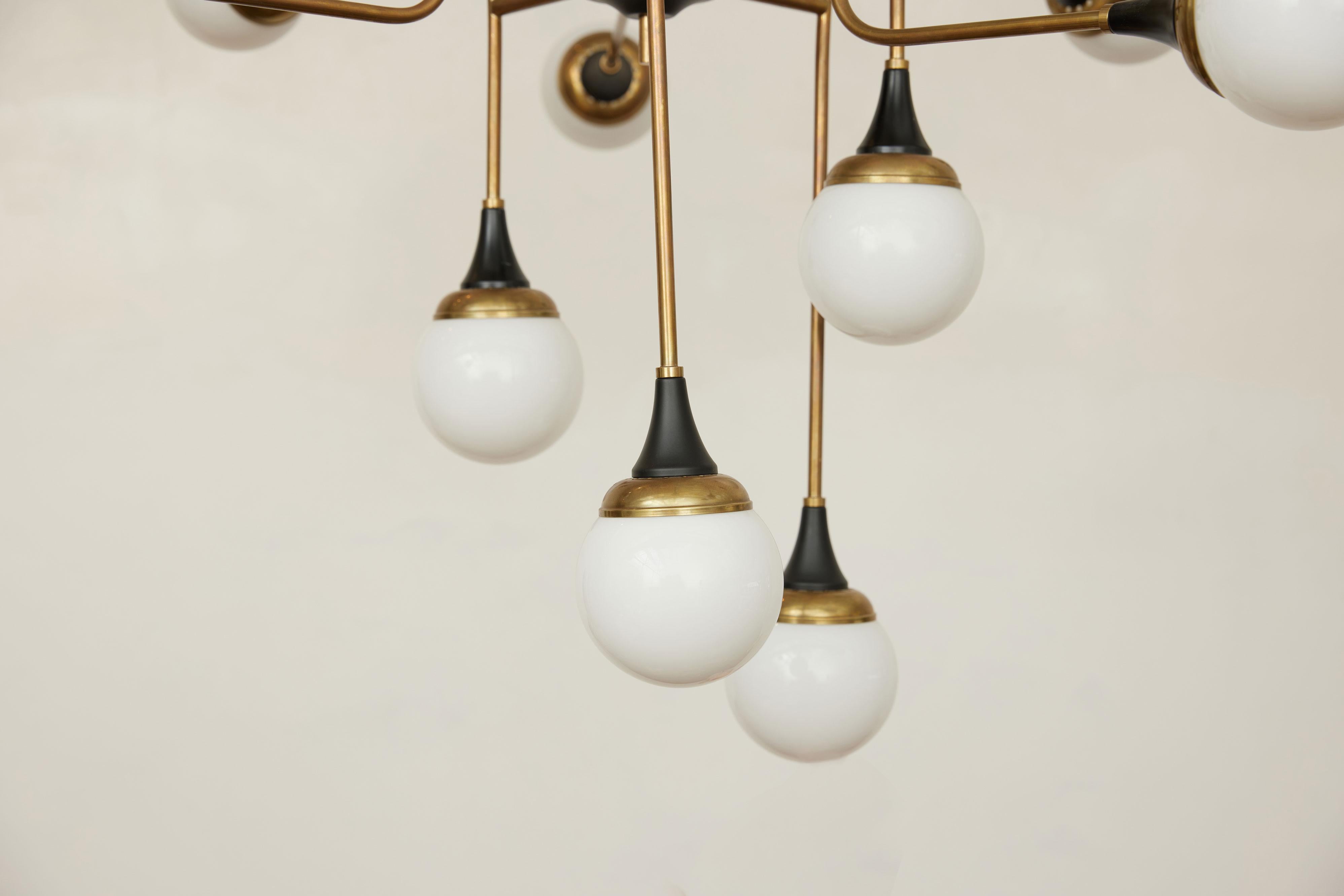 Italian Stilnovo Chandelier 16 Light Brass Metal Opaline Glass, 1950, Italy For Sale