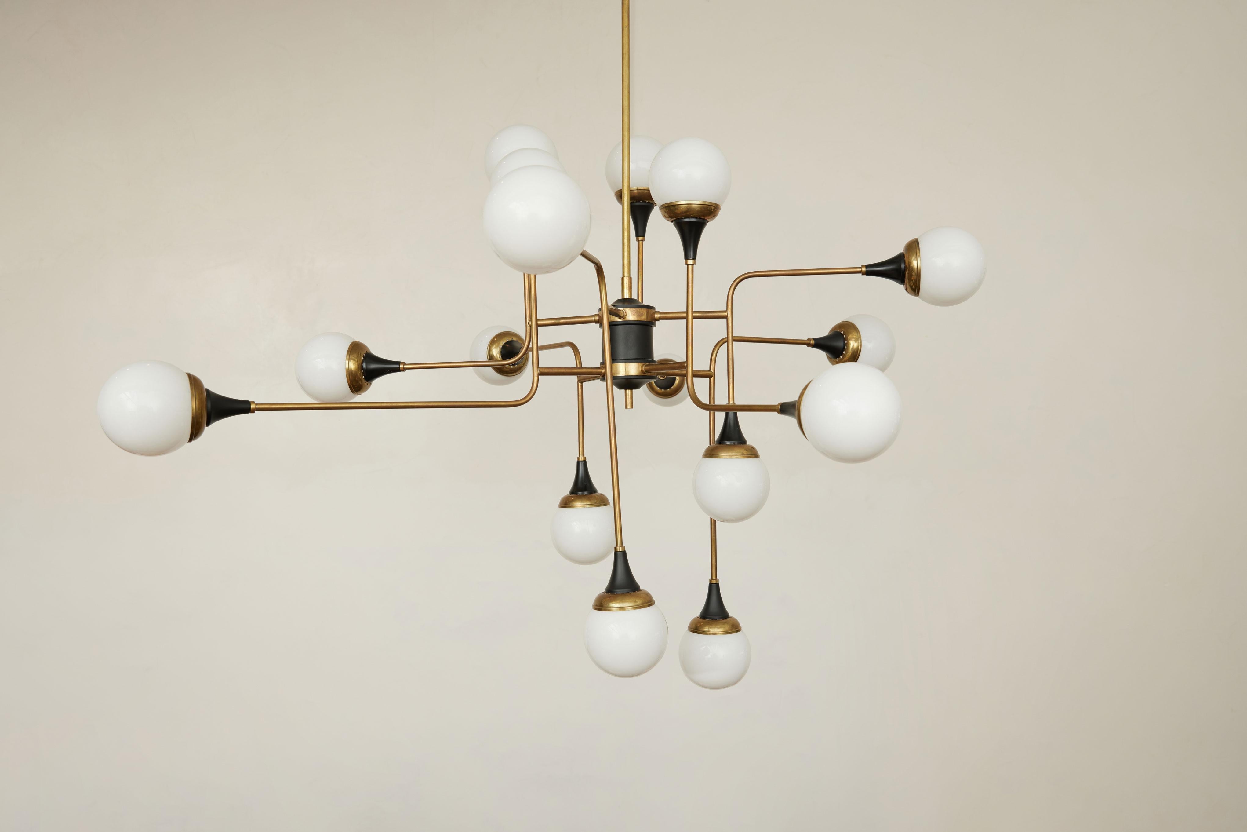 Stilnovo Chandelier 16 Light Brass Metal Opaline Glass, 1950, Italy For Sale 2