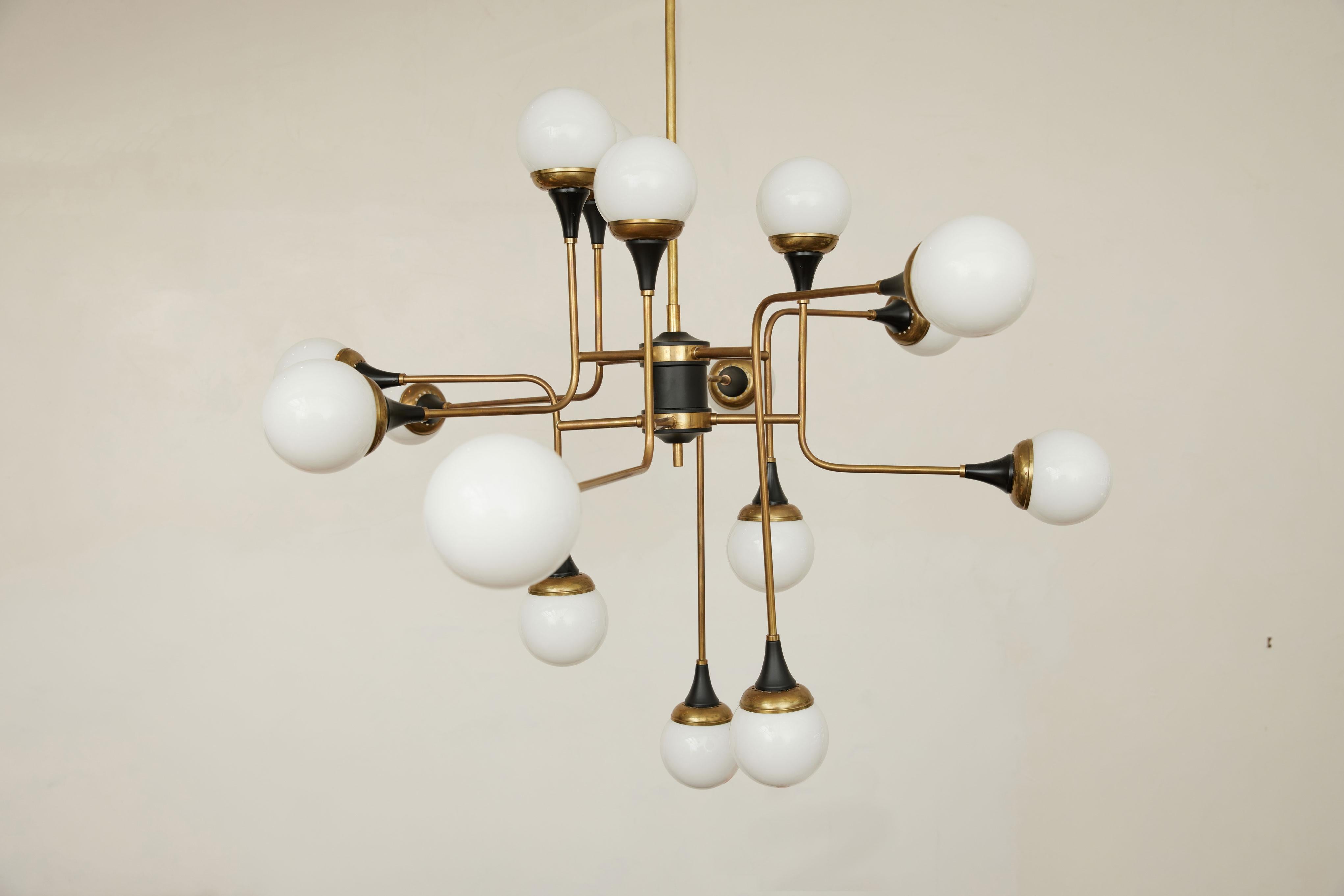 Stilnovo Chandelier 16 Light Brass Metal Opaline Glass, 1950, Italy For Sale 3