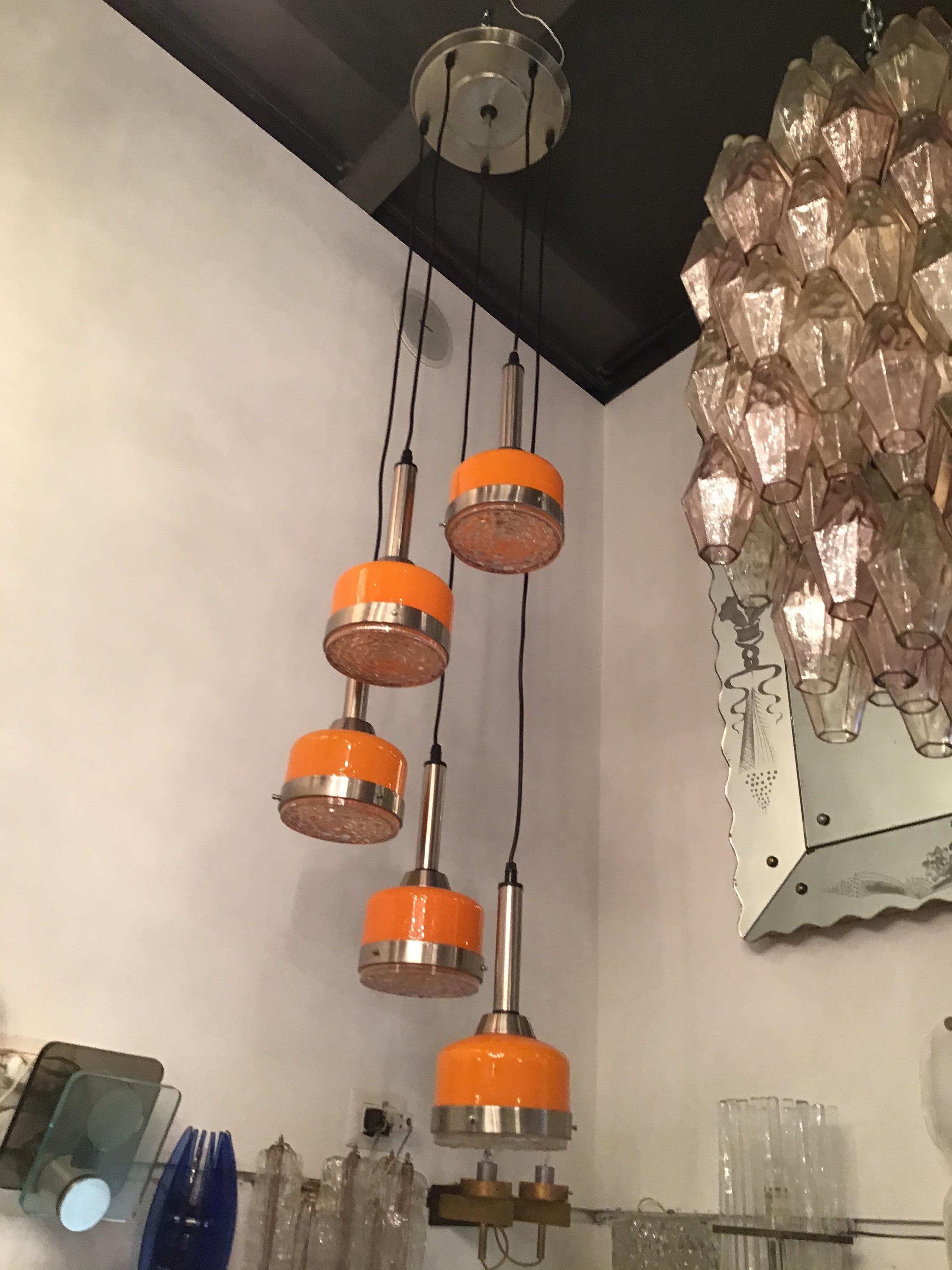 Stilnovo Style Chandelier 5-Light Glass Metal Crome, 1960, Italy For Sale 4