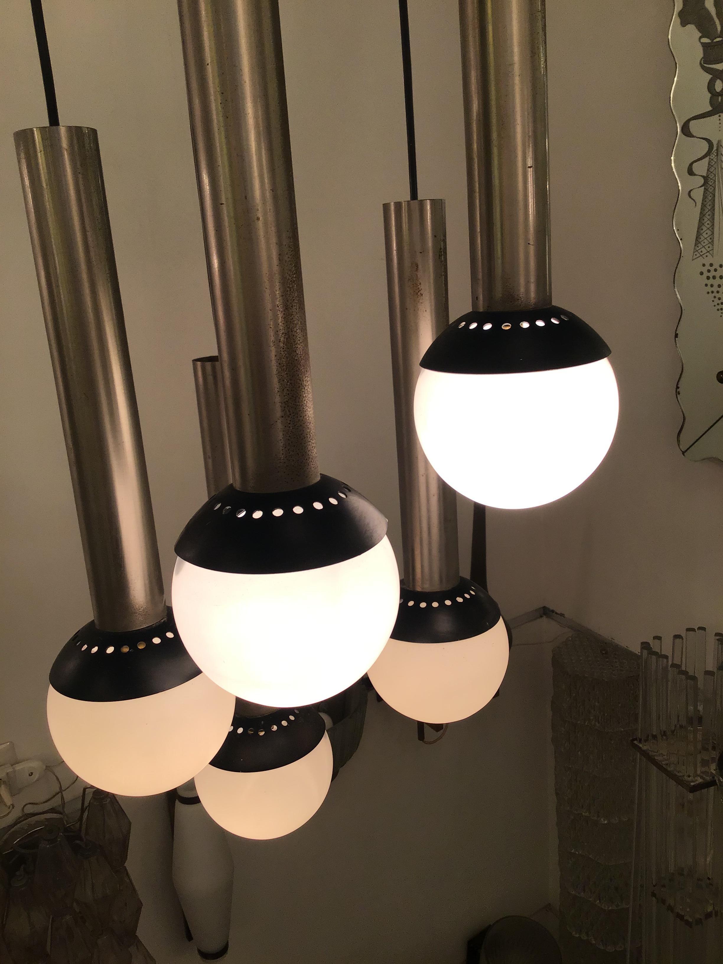 Stilnovo Chandelier 5 Lights Metal Crome Opaline Glass, 1960, Italy For Sale 6