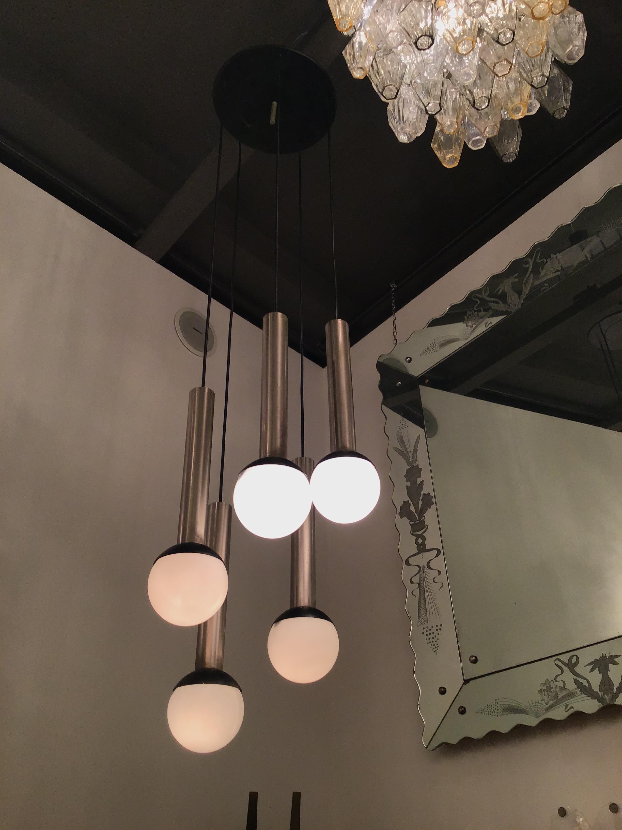 Stilnovo Chandelier 5 Lights Metal Crome Opaline Glass, 1960, Italy For Sale 9