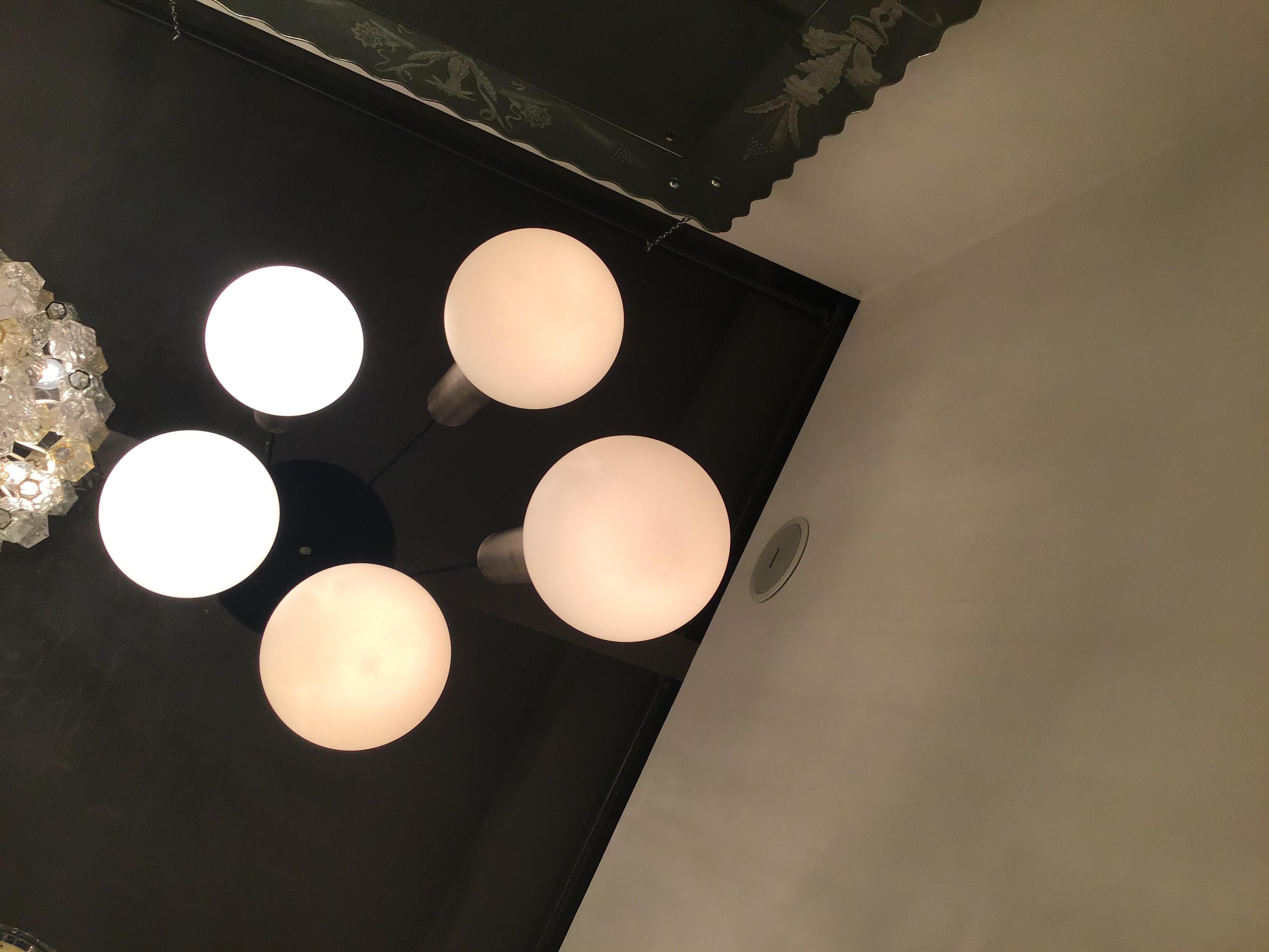 Stilnovo Chandelier 5 Lights Metal Crome Opaline Glass, 1960, Italy In Good Condition For Sale In Milano, IT