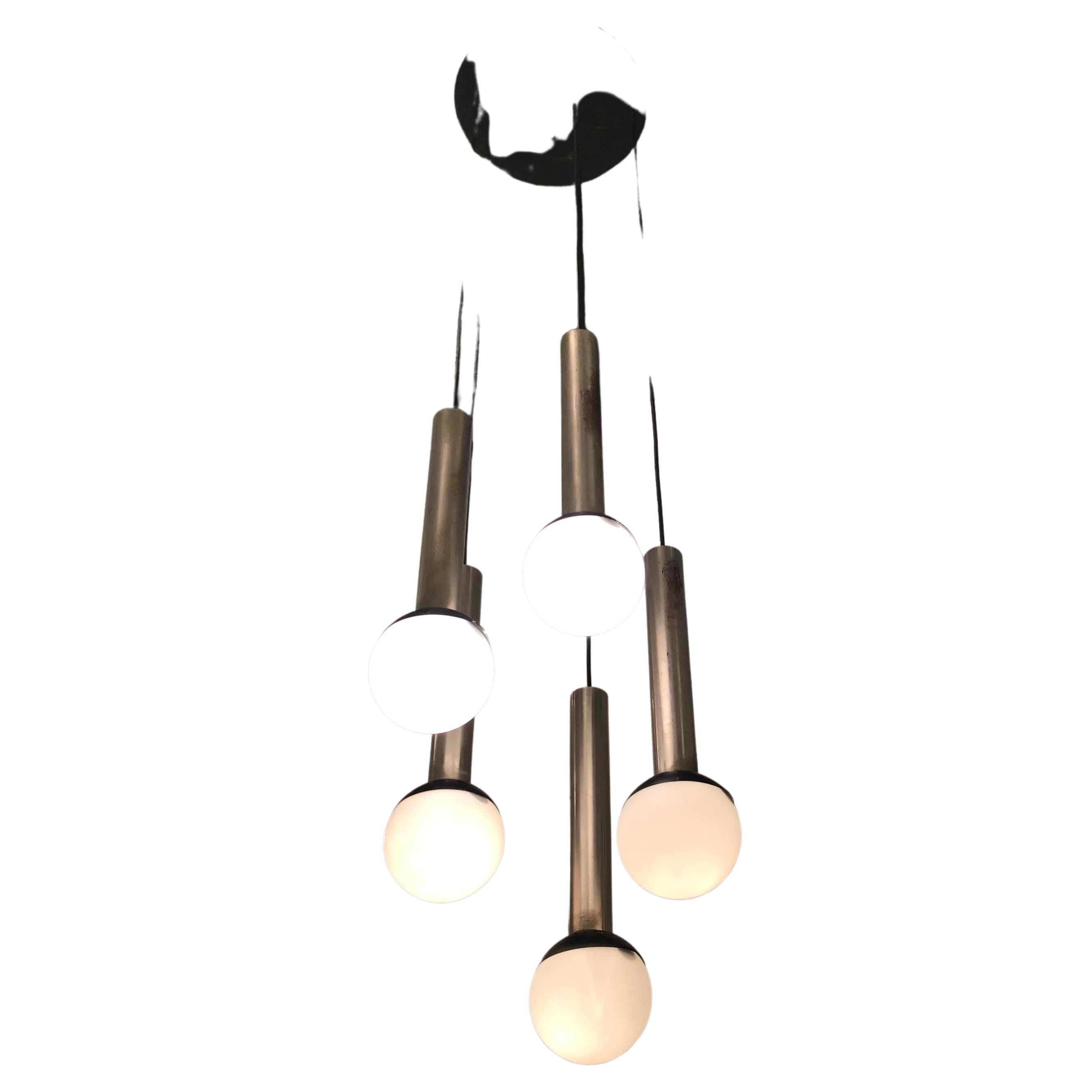 Stilnovo Chandelier 5 Lights Metal Crome Opaline Glass, 1960, Italy For Sale