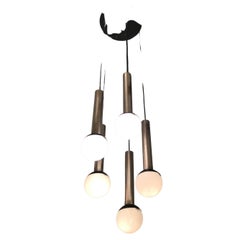 Retro Stilnovo Chandelier 5 Lights Metal Crome Opaline Glass, 1960, Italy