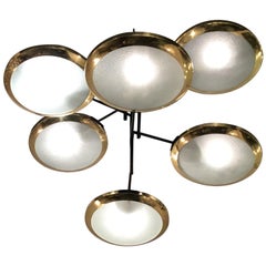 Vintage Stilnovo Chandelier 6-Light Brass Glass Iron, 1950, Italy