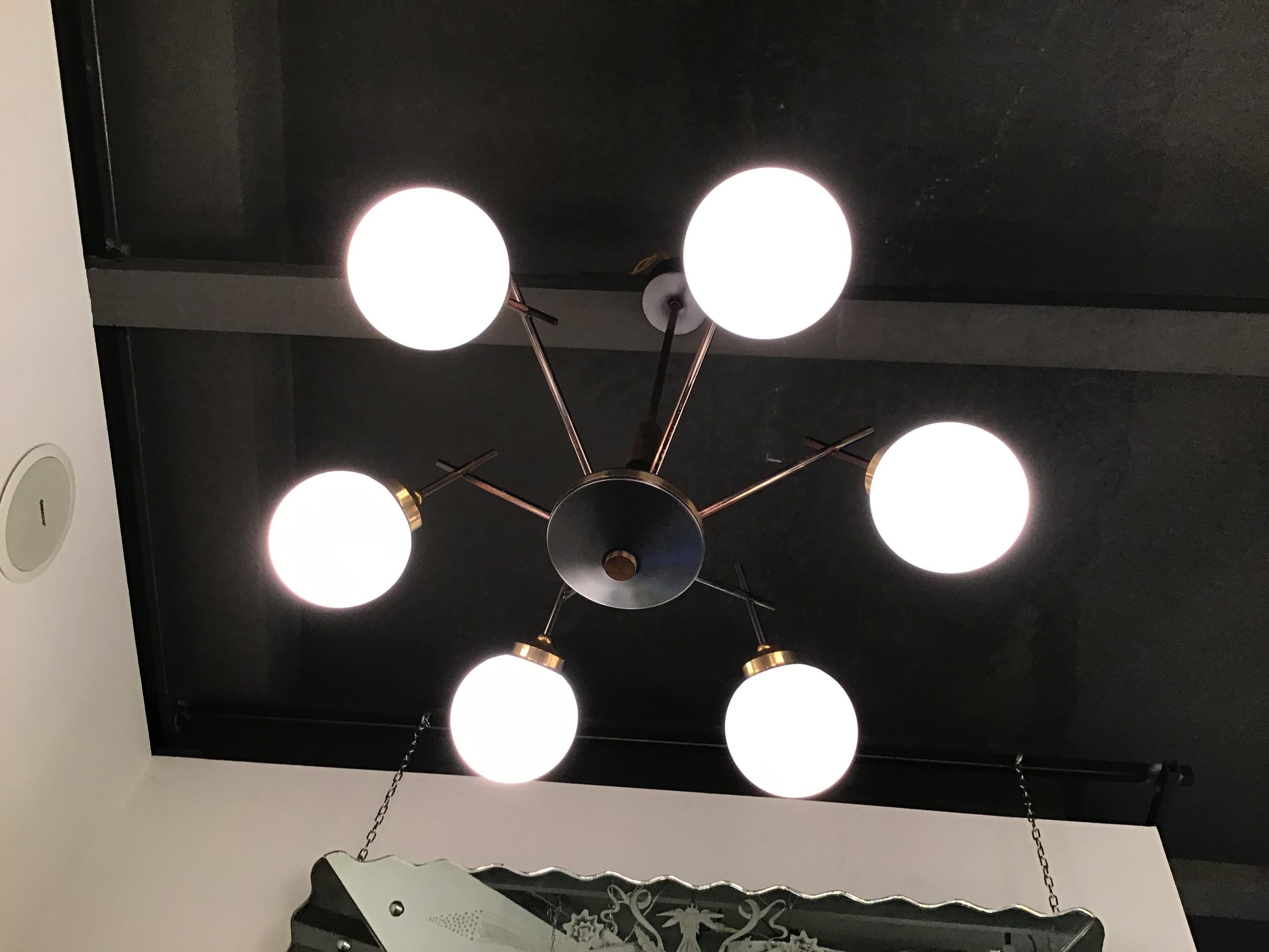 Italian Stilnovo Chandelier 6 Light Brass Metal Opaline Glass, 1955, Italy For Sale