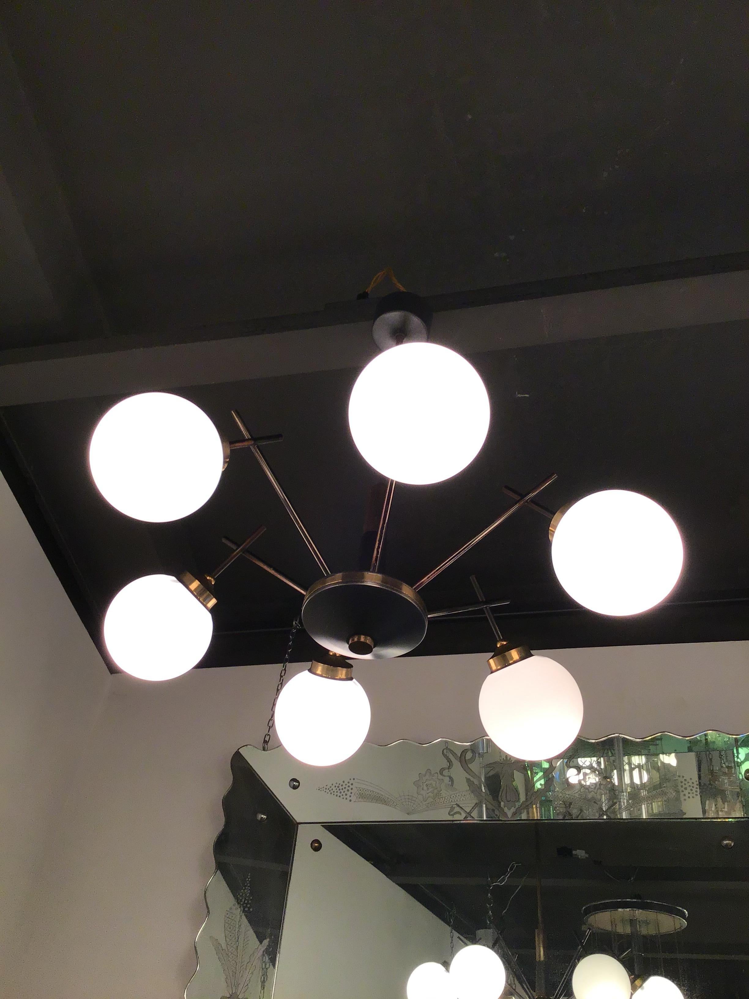 Stilnovo Chandelier 6 Light Brass Metal Opaline Glass, 1955, Italy In Excellent Condition For Sale In Milano, IT