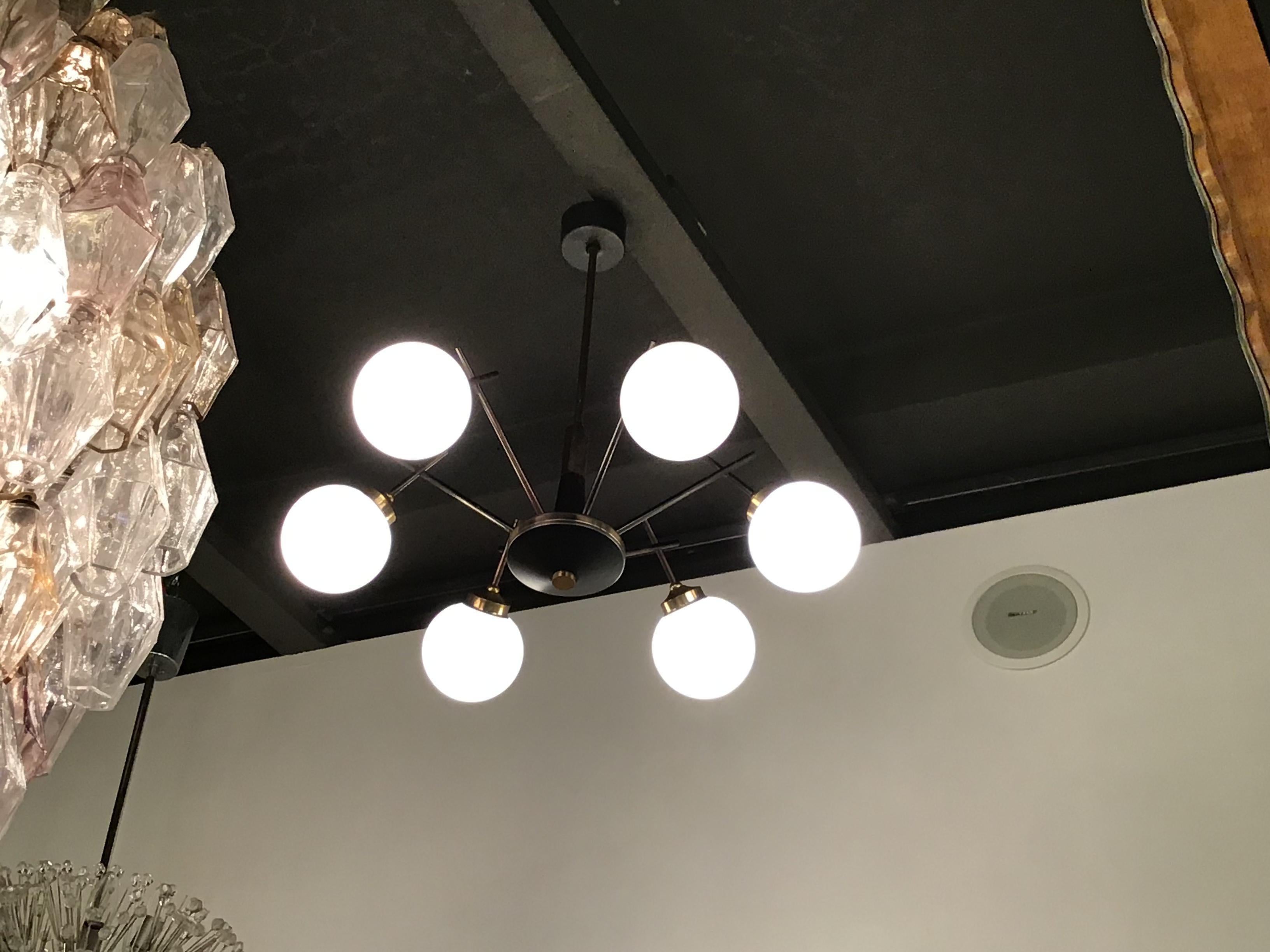 Stilnovo Chandelier 6 Light Brass Metal Opaline Glass, 1955, Italy For Sale 1