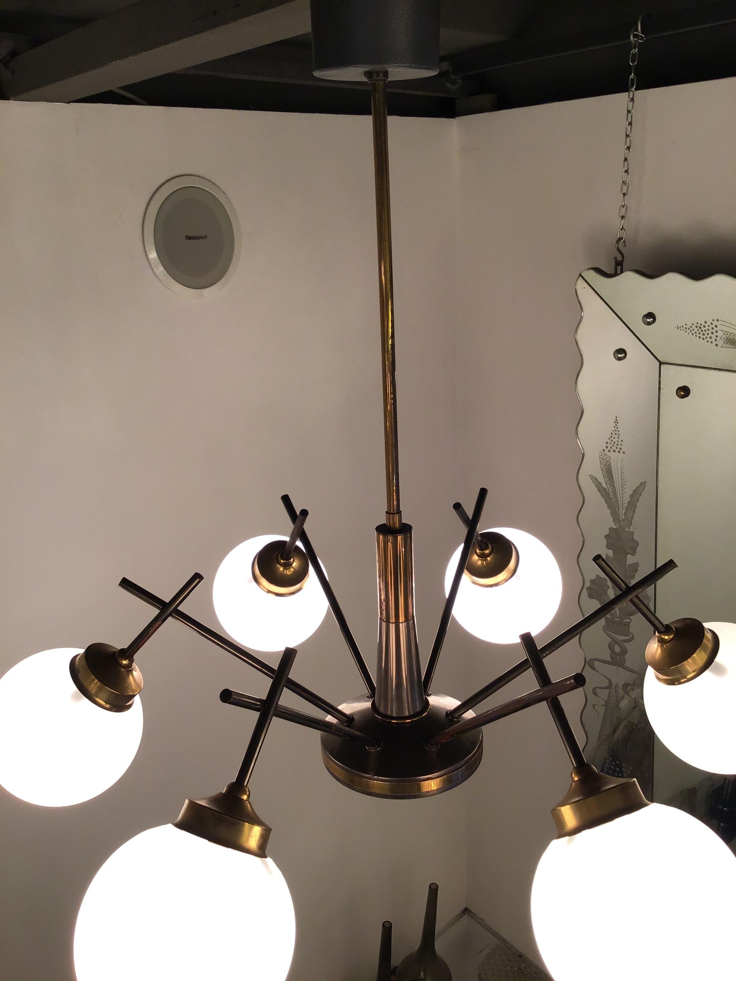 Stilnovo chandelier 6 lugh brass metal opaline glass, 1955, Italy.