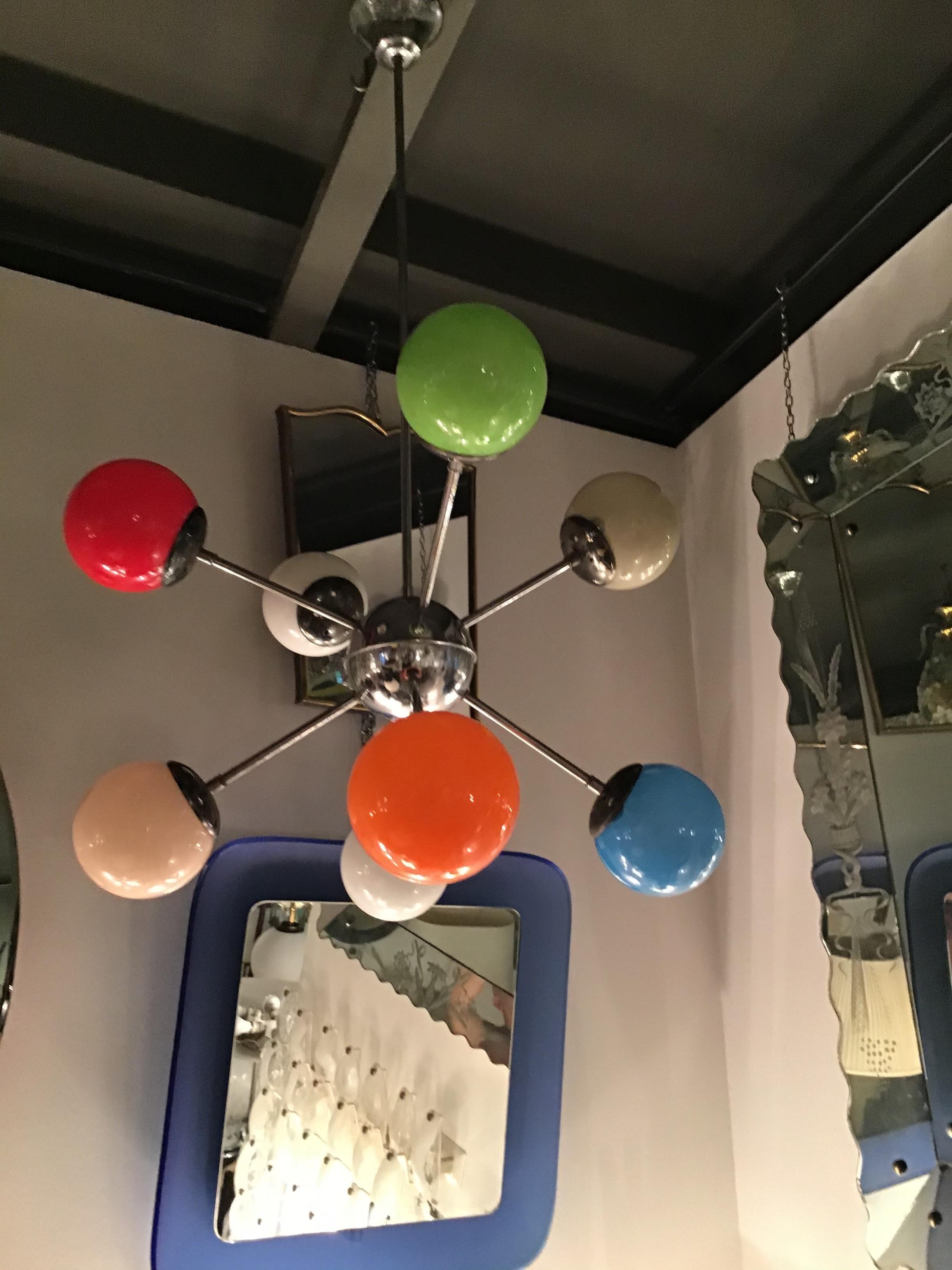 Stilnovo Chandelier 8 Light Metal Crome Opal Glass or Shiny Glass 1958 Italy In Good Condition For Sale In Milano, IT