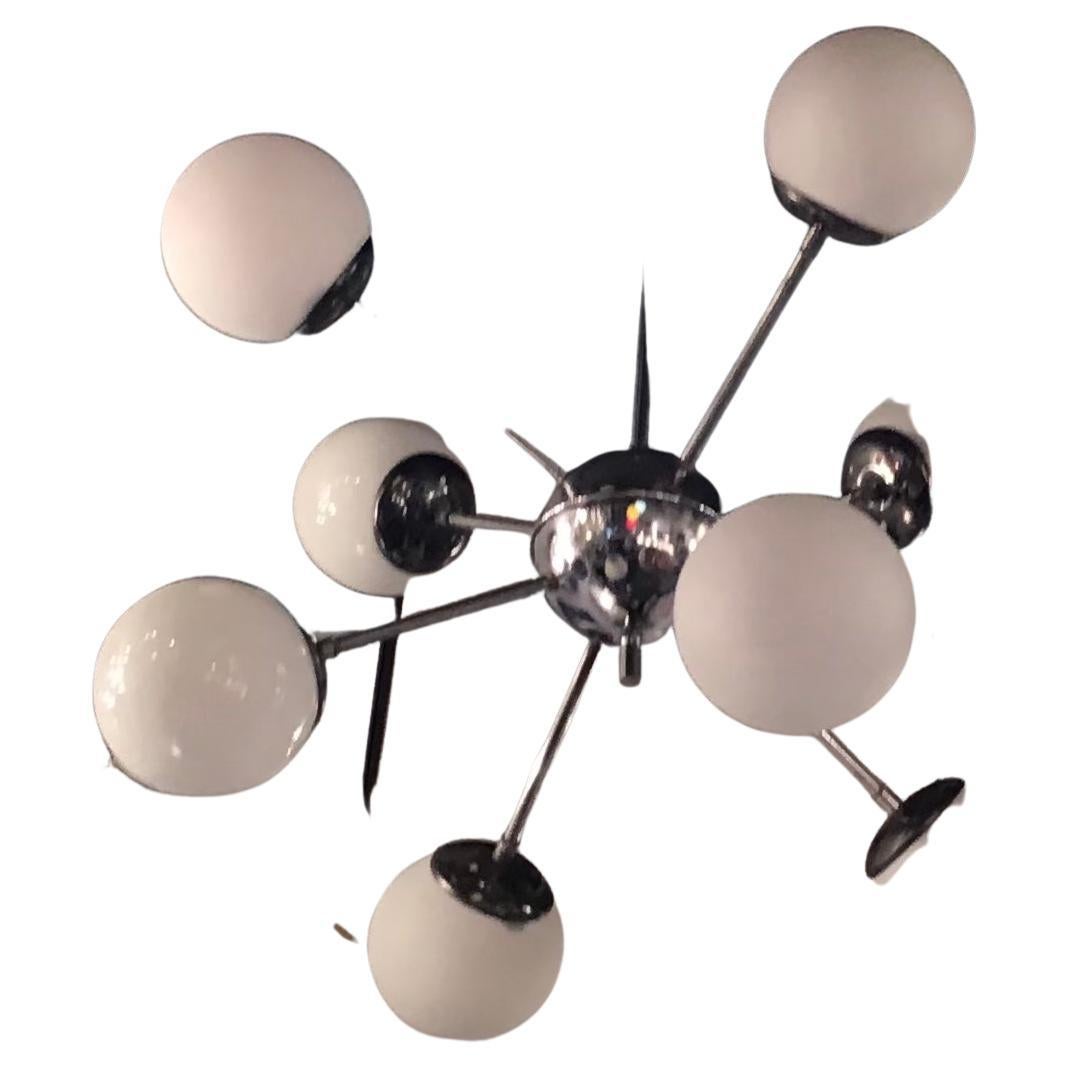 Stilnovo Chandelier 8 Light Metal Crome Opal Glass or Shiny Glass, 1958, Italy