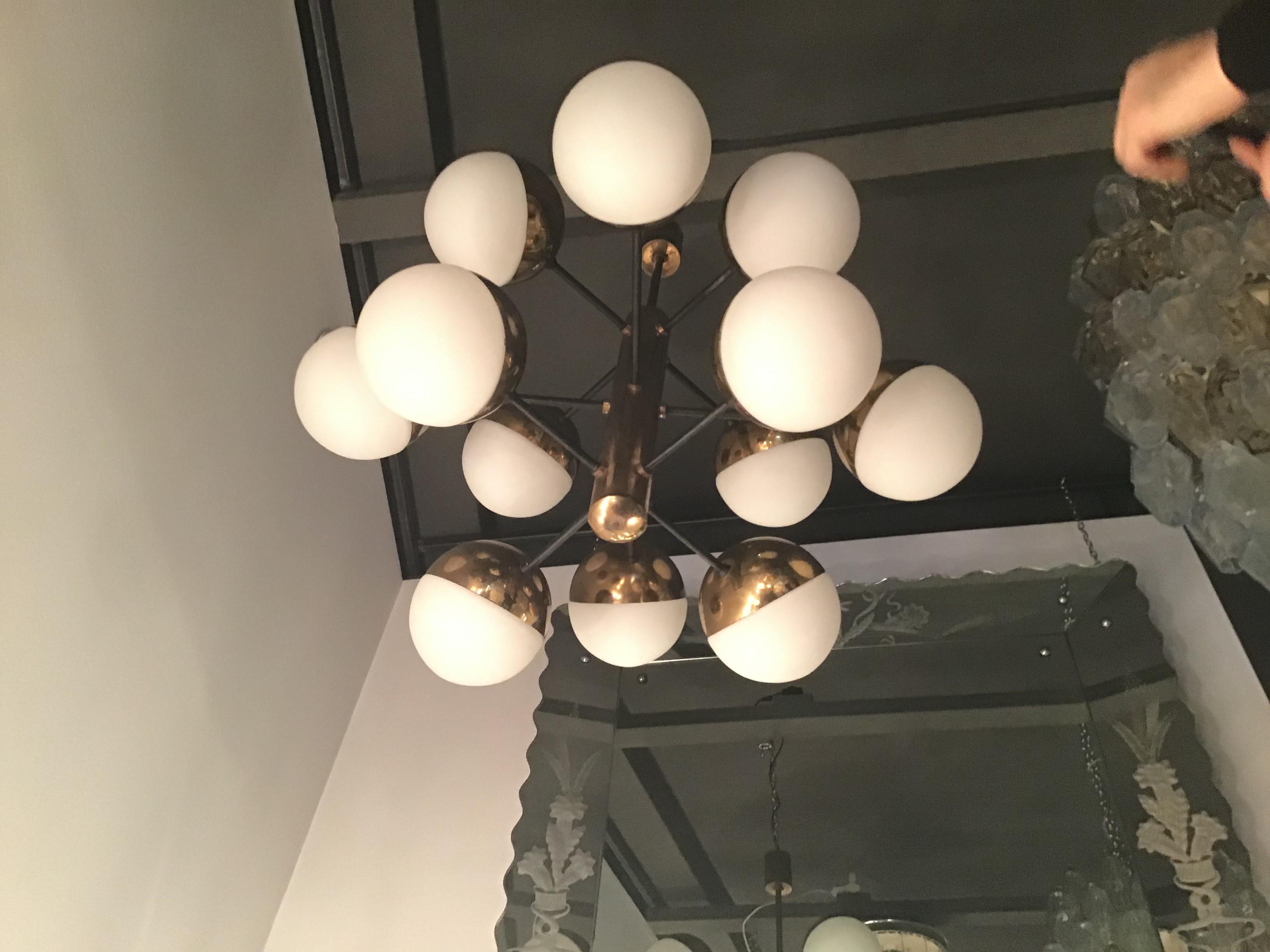 Stilnovo Chandelier 9 Lights Brass Opaline Glass, 1950 For Sale 2