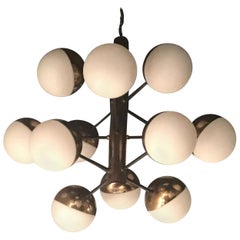 Retro Stilnovo Chandelier 9 Lights Brass Opaline Glass, 1950