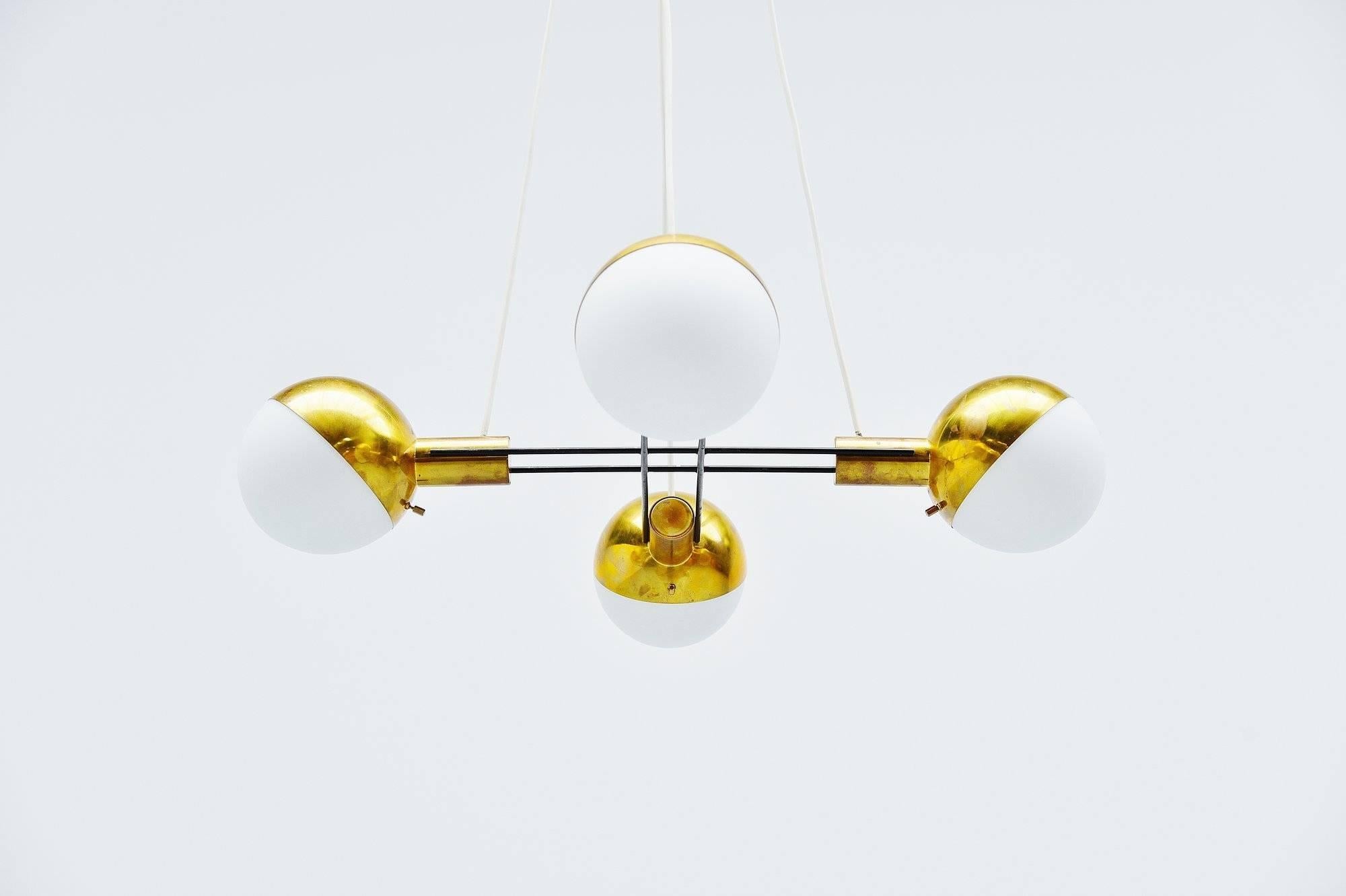 Mid-20th Century Stilnovo Chandelier Brass and Glass, Italy, 1960 For Sale
