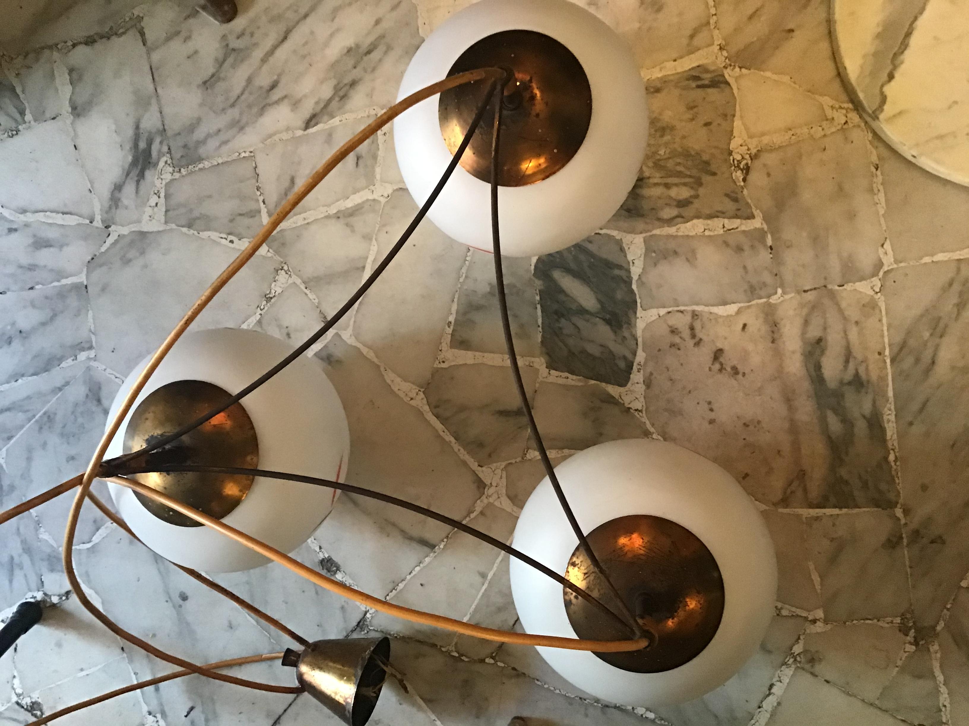 Attributed to Stilnovo Chandelier Brass Glass 1950 Italy For Sale 5