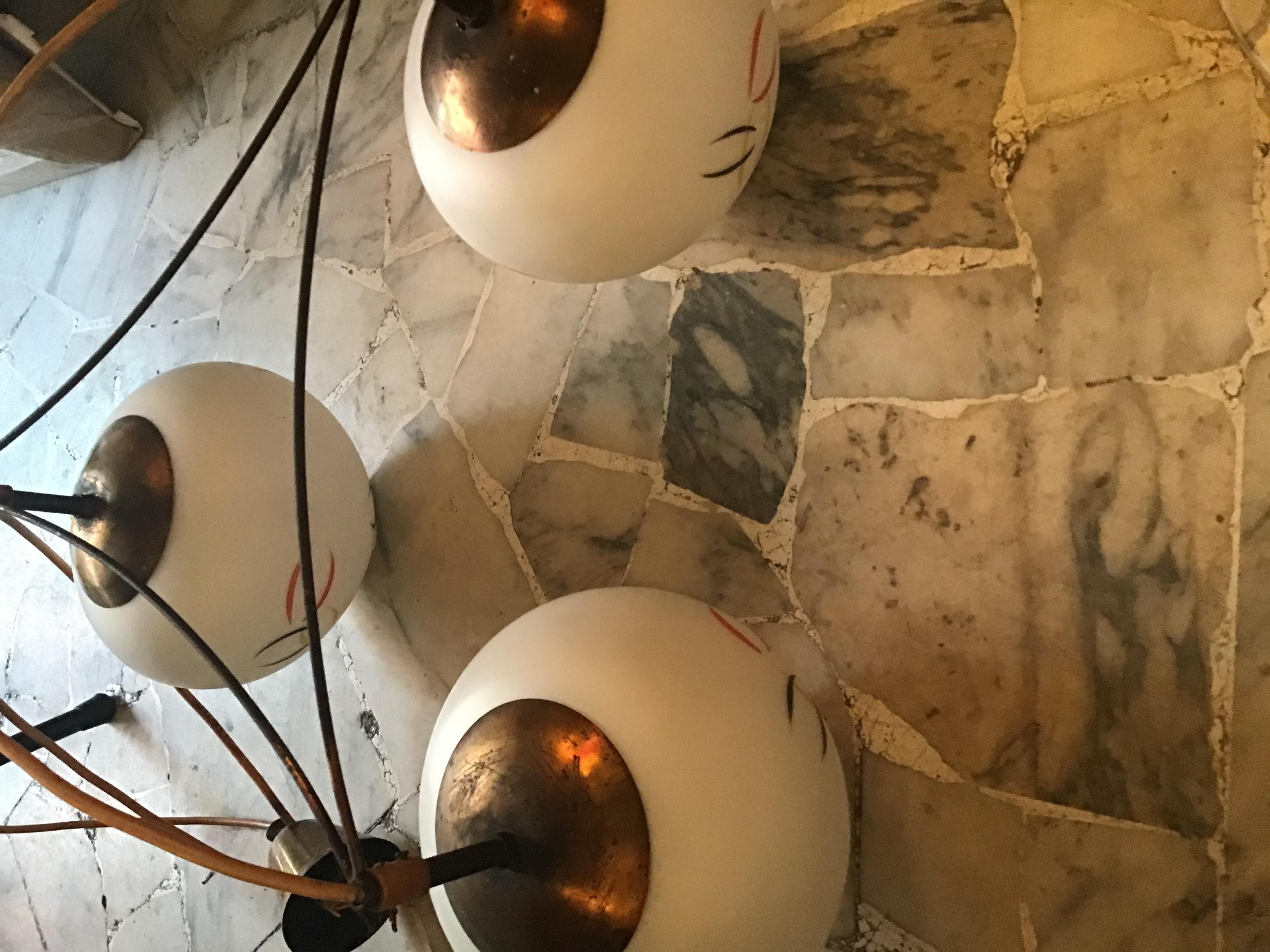 Attributed to Stilnovo Chandelier Brass Glass 1950 Italy For Sale 6