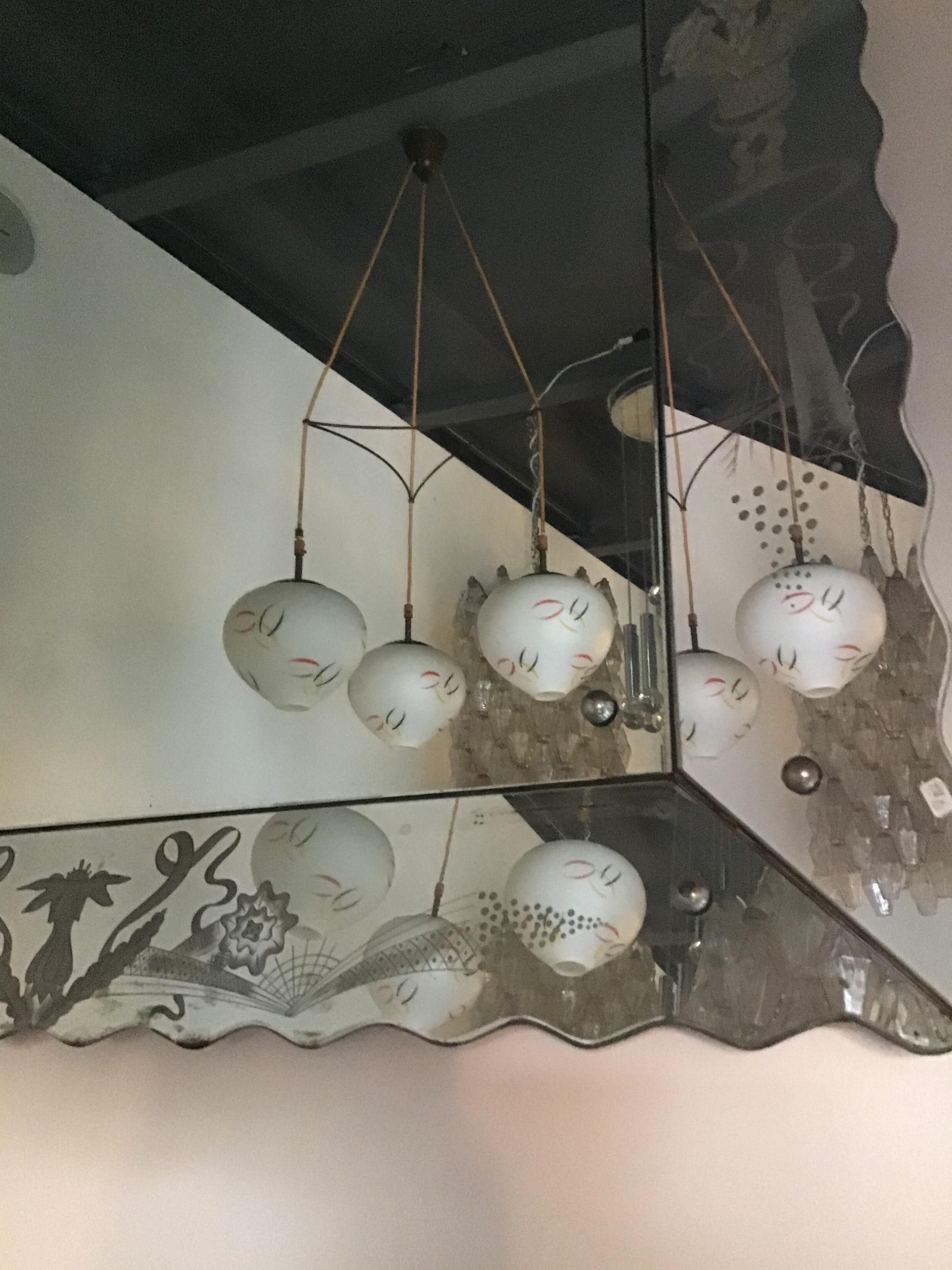 Mid-Century Modern Attributed to Stilnovo Chandelier Brass Glass 1950 Italy For Sale