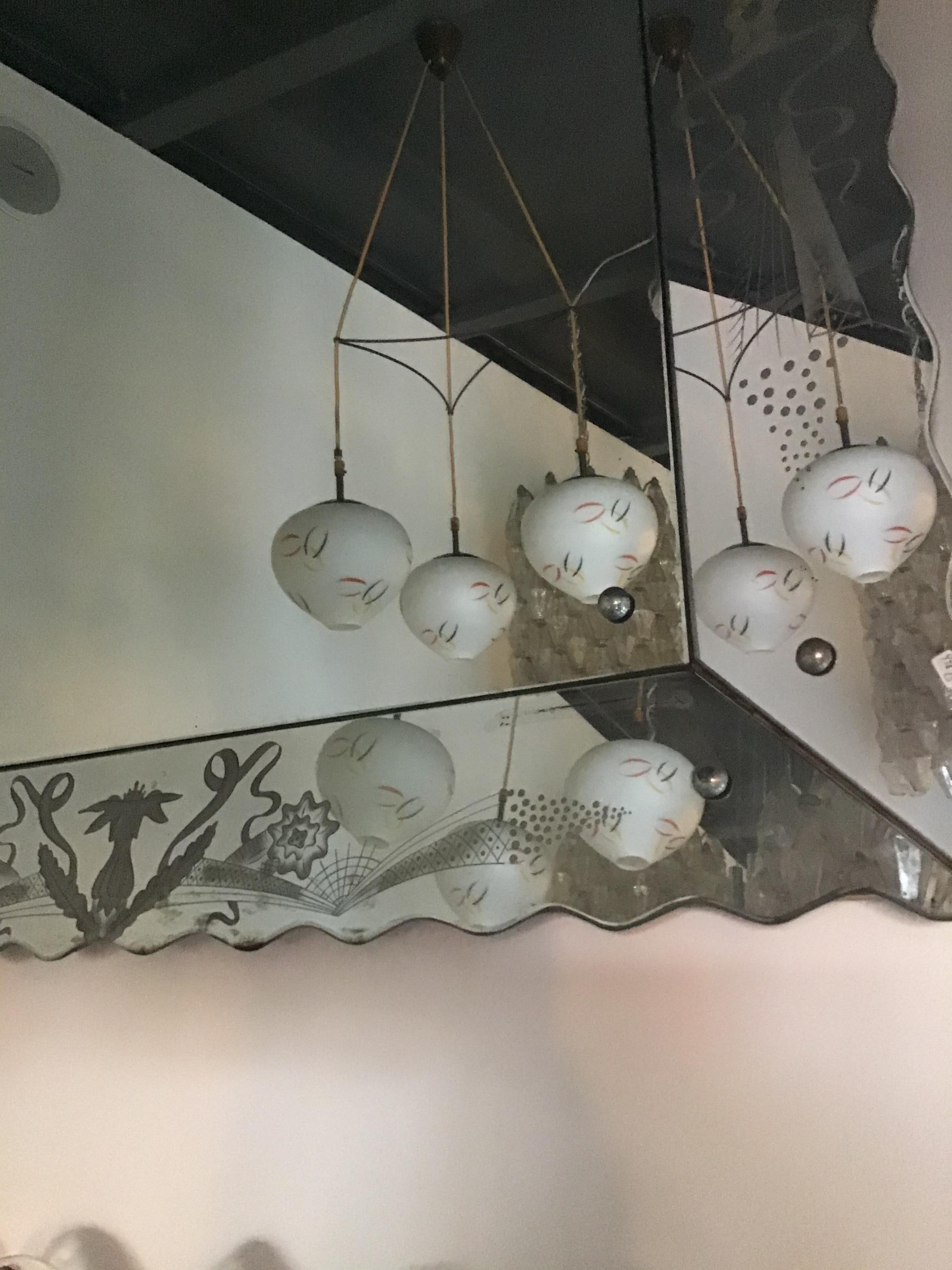 Italian Attributed to Stilnovo Chandelier Brass Glass 1950 Italy For Sale