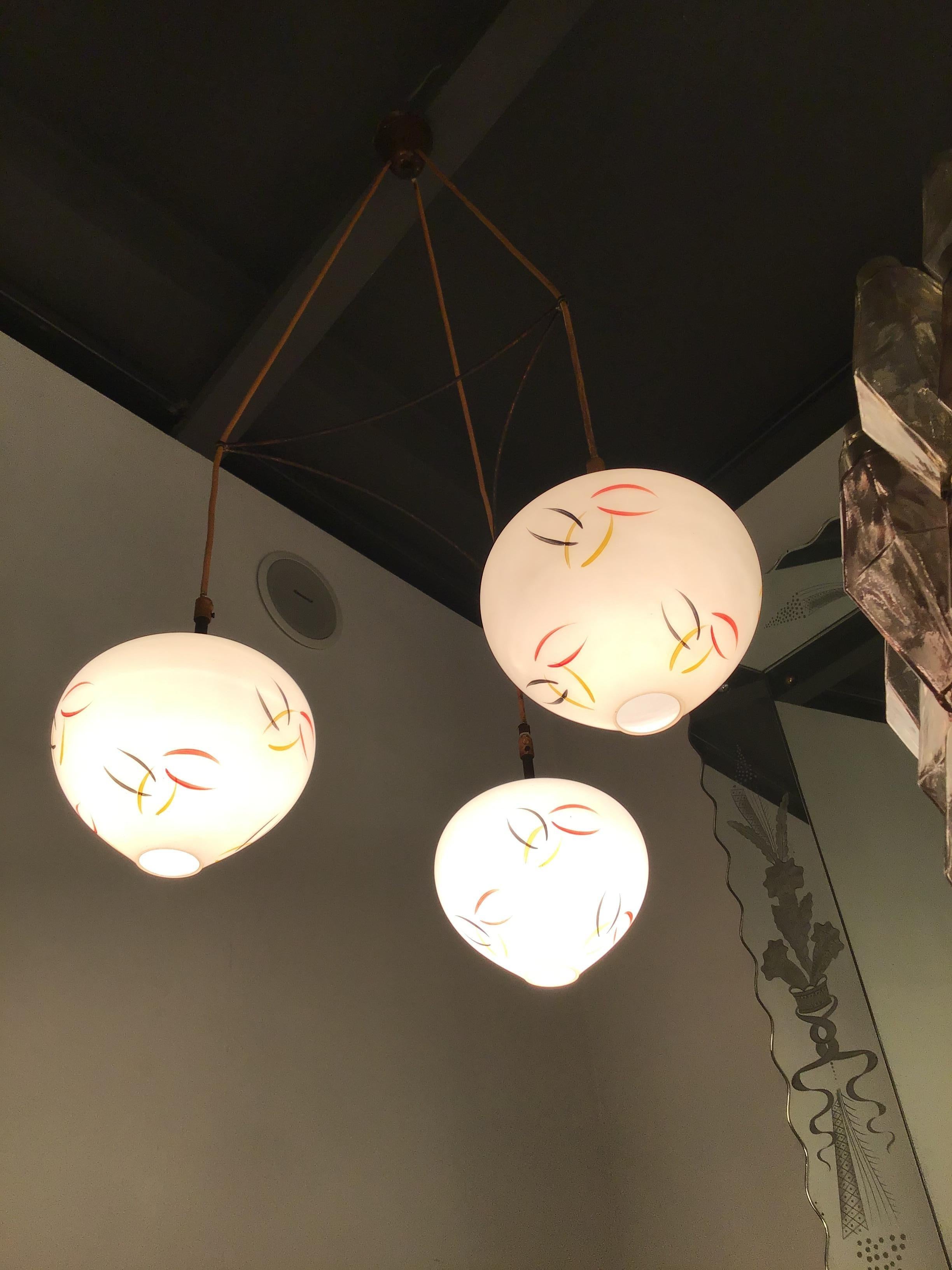 Attributed to Stilnovo Chandelier Brass Glass 1950 Italy In Good Condition For Sale In Milano, IT