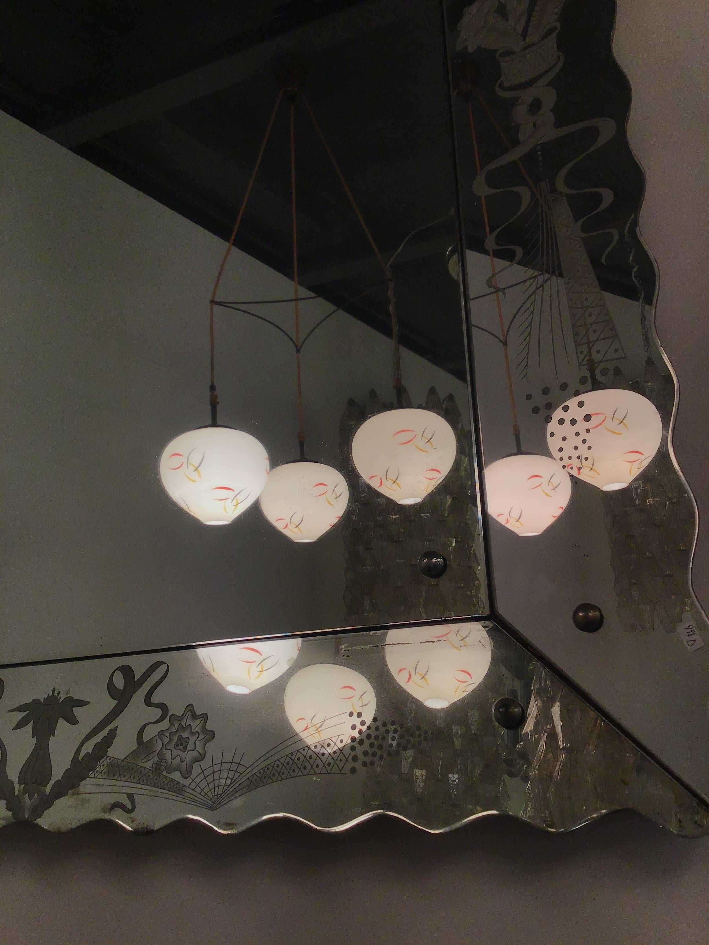 Attributed to Stilnovo Chandelier Brass Glass 1950 Italy For Sale 1