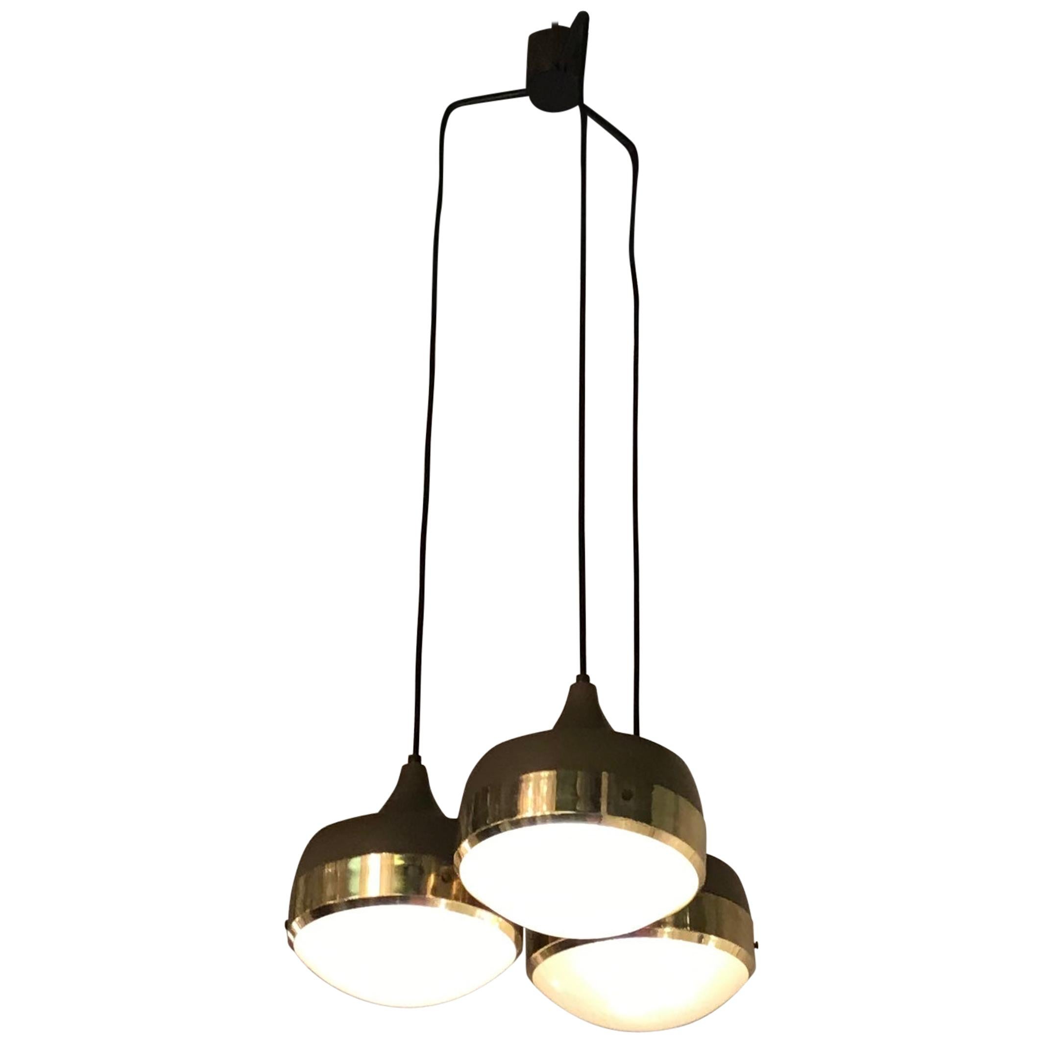 Stilnovo Style Chandelier Brass Glass Metal, 1960, Italy