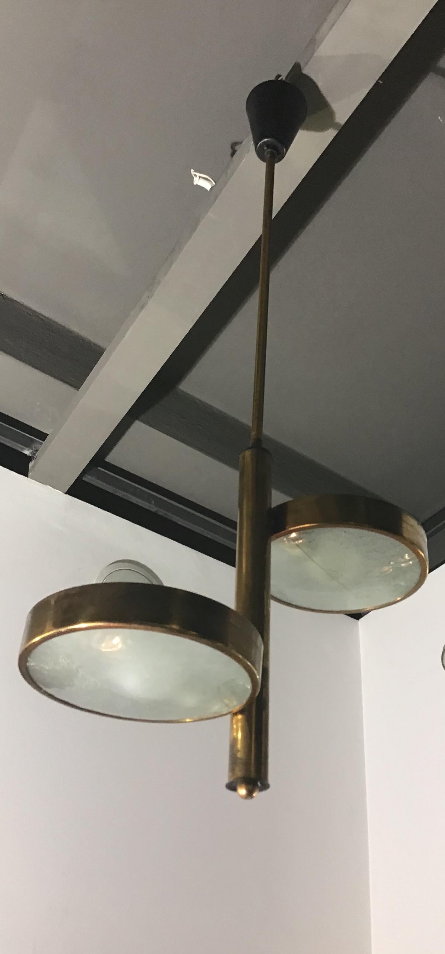 Stilnovo Chandelier Brass Glass Two-Light, 1950 In Excellent Condition In Milano, IT