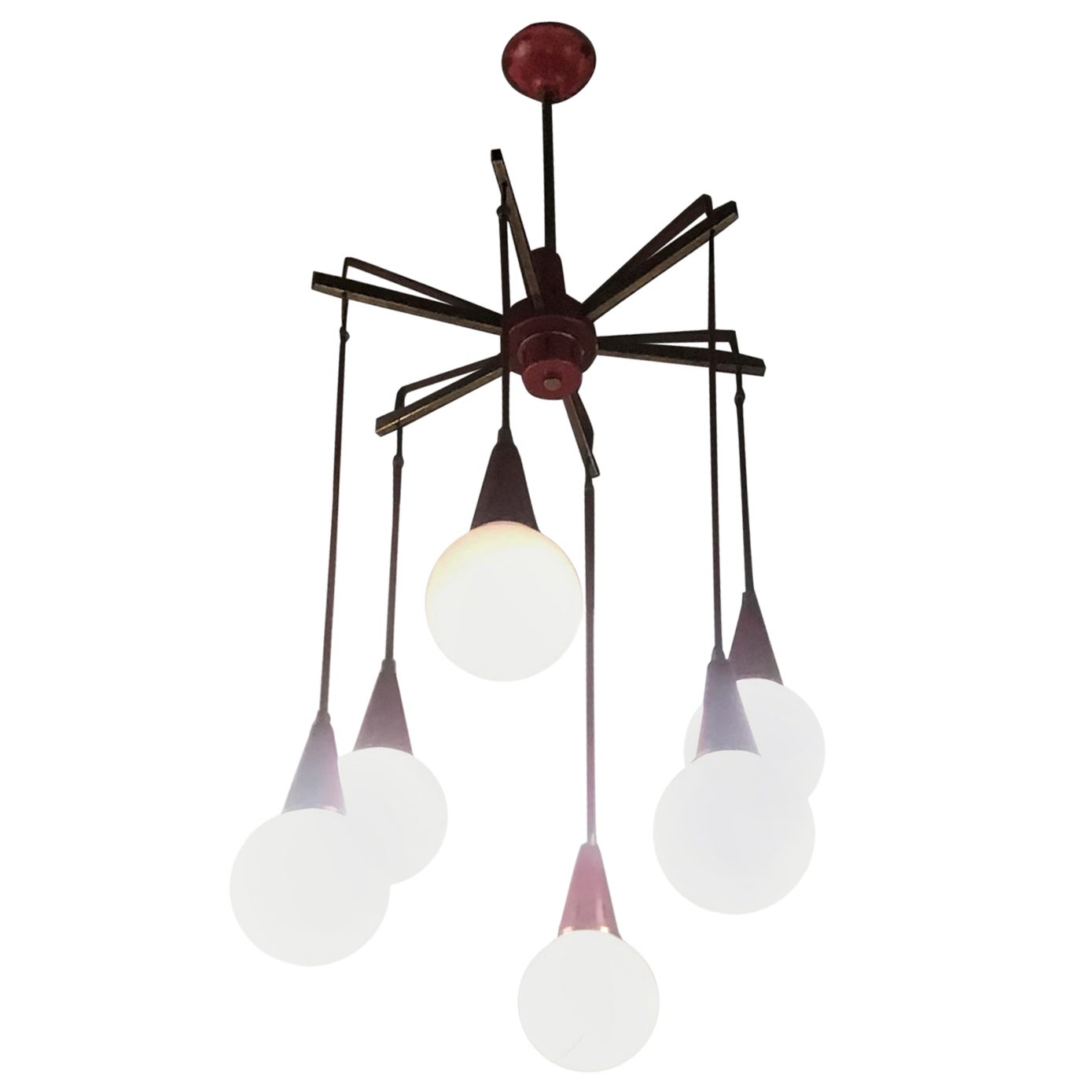 Lampadario Stilnovo Ottone Metallo Vetro 1950 Italia