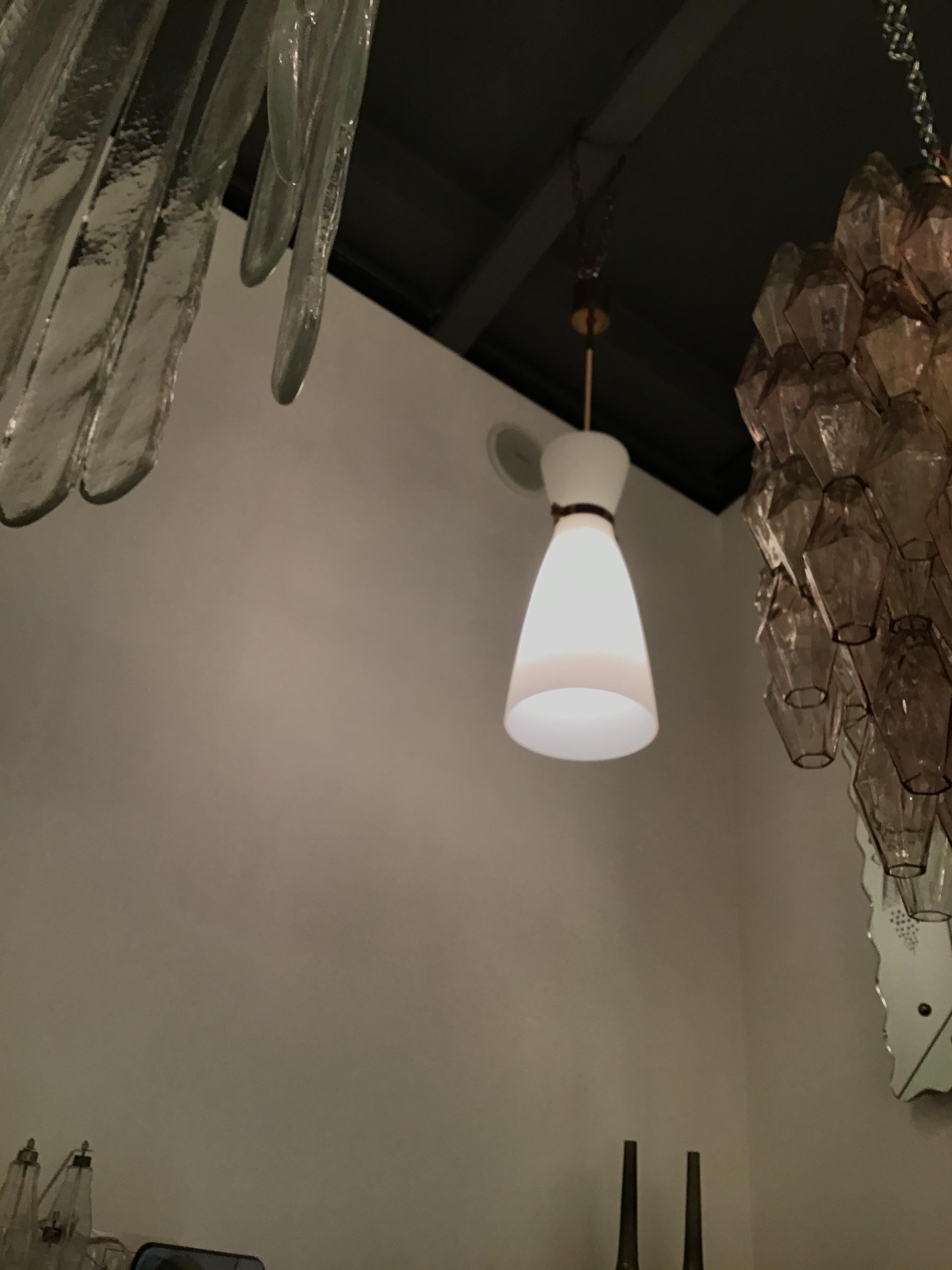 Stilnovo Chandelier Brass Opaline Glass, 1950 For Sale 9