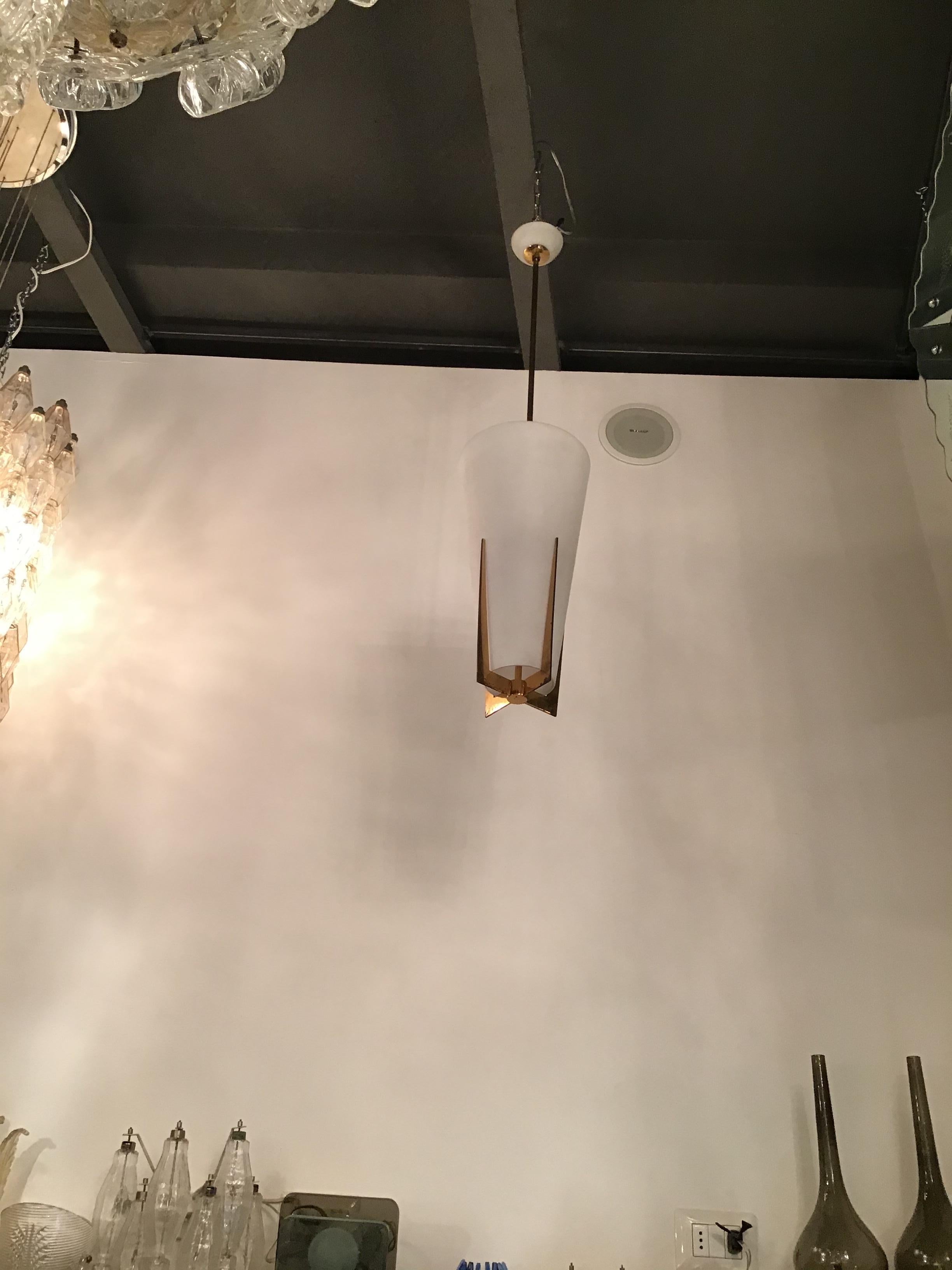 Stilnovo Chandelier Brass Opaline Glass, 1950, Italy In Excellent Condition For Sale In Milano, IT