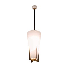 Vintage Stilnovo Chandelier Brass Opaline Glass, 1950, Italy