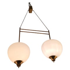 Stilnovo Chandelier Brass Opaline Glass 1950 Italy