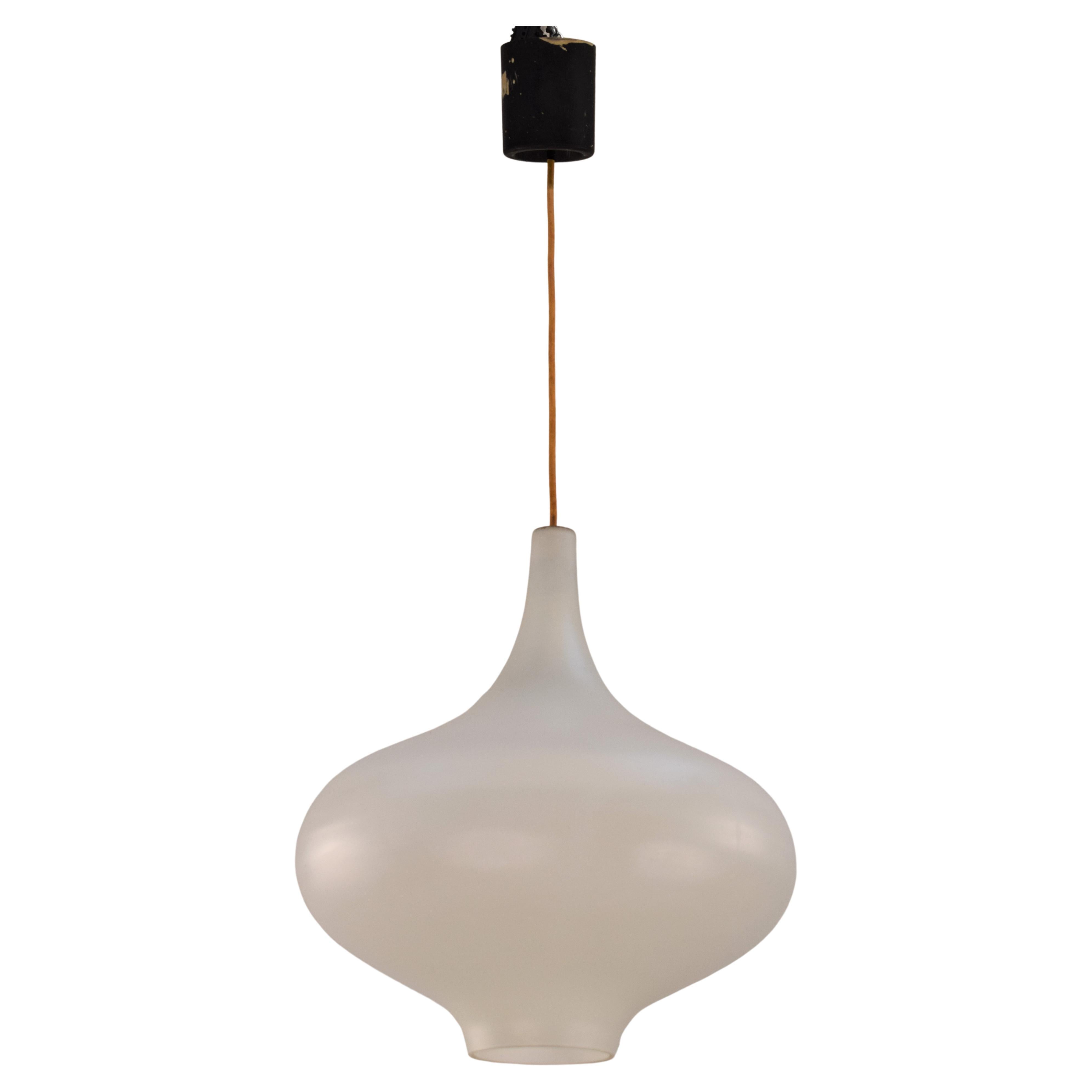 Stilnovo Chandelier Brass Opaline Glass, 1950s