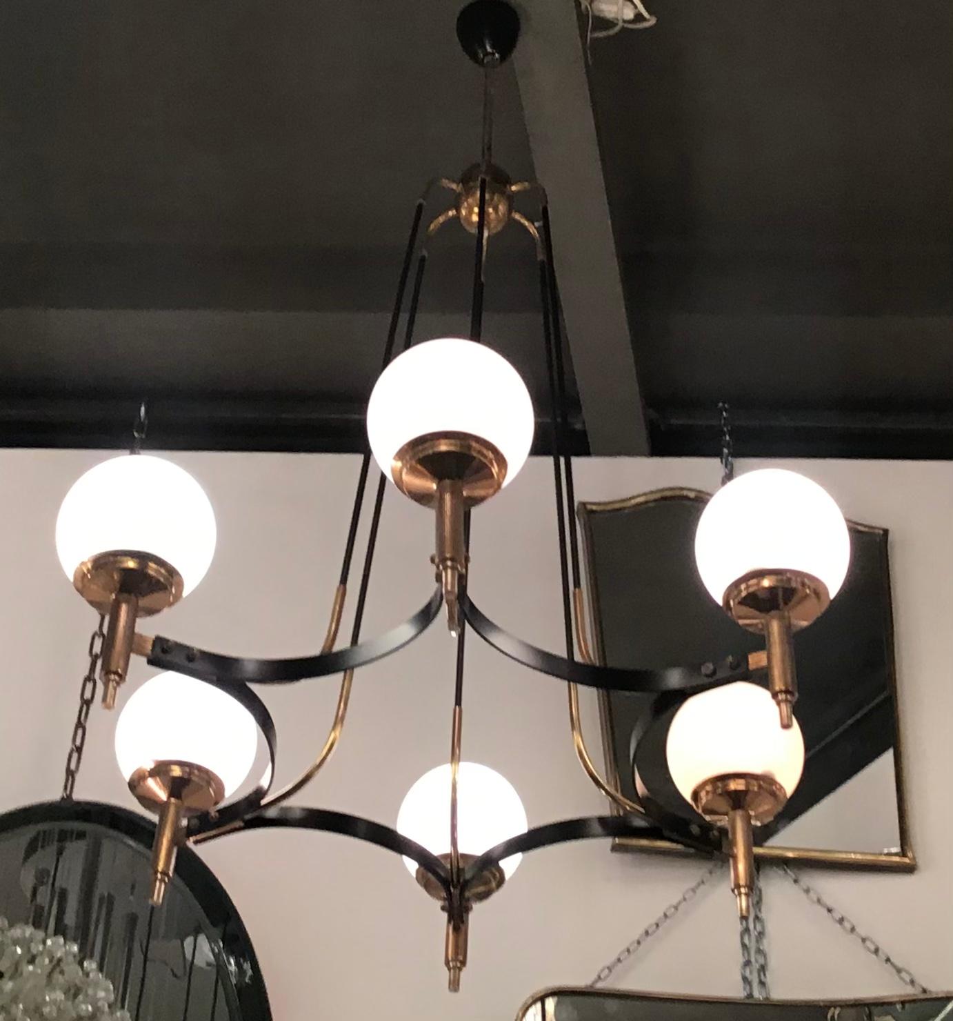 Stilnovo Chandelier Brass Opaline Glass Iron 1950 Italy In Good Condition For Sale In Milano, IT