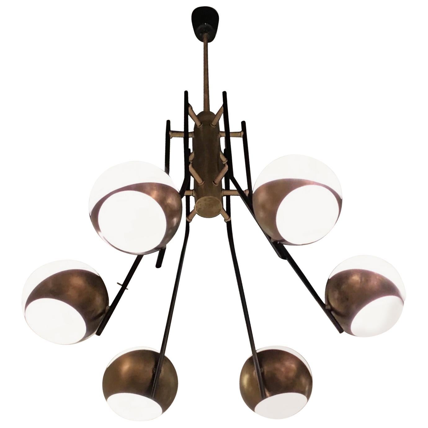 Stilnovo Style Chandelier Brass Opaline Glass Iron, 1950, Italy