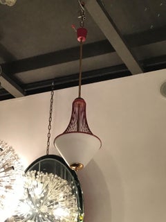 Stilnovo Chandelier Brass Opaline Glass Metal 1950 Italy