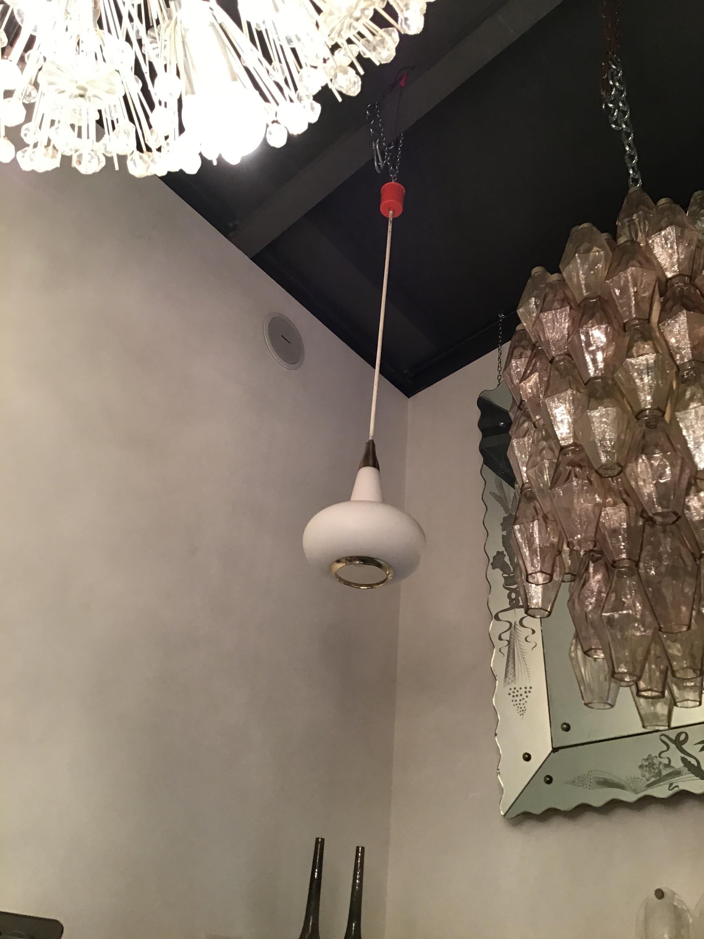 Stilnovo Style Chandelier Brass Opaline Glass Metal, 1950, Italy In Excellent Condition For Sale In Milano, IT