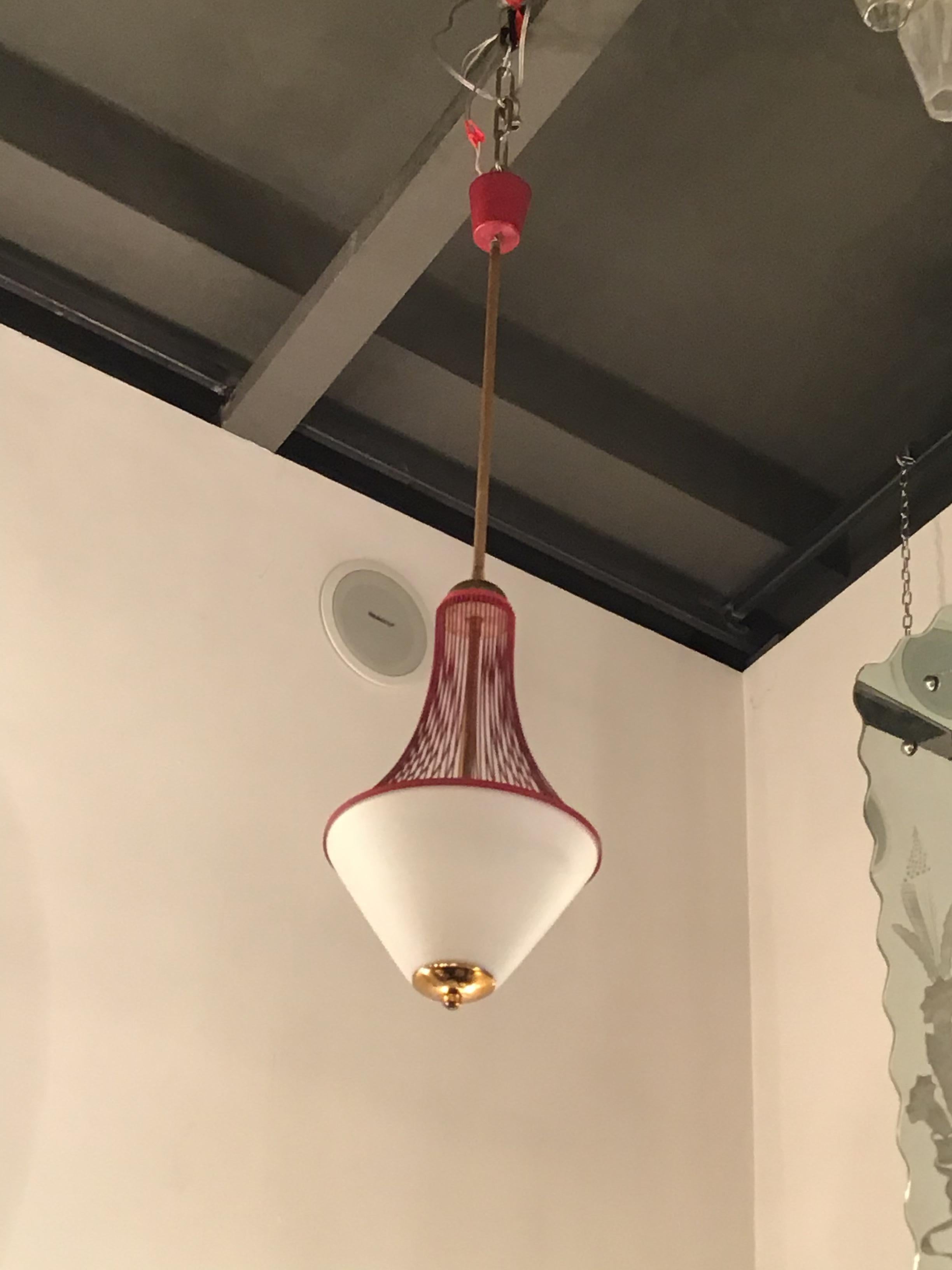 Stilnovo Chandelier Brass Opaline Glass Metal 1950 Italy In Excellent Condition For Sale In Milano, IT