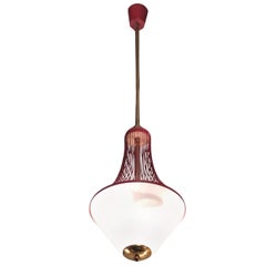 Stilnovo Chandelier Brass Opaline Glass Metal 1950 Italy