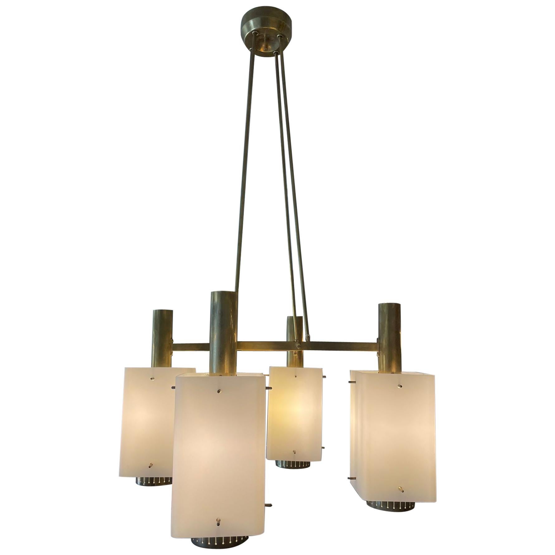 Stilnovo Chandelier Brass Structure Satin Opal Glass Diffusers, Italy, 1960s