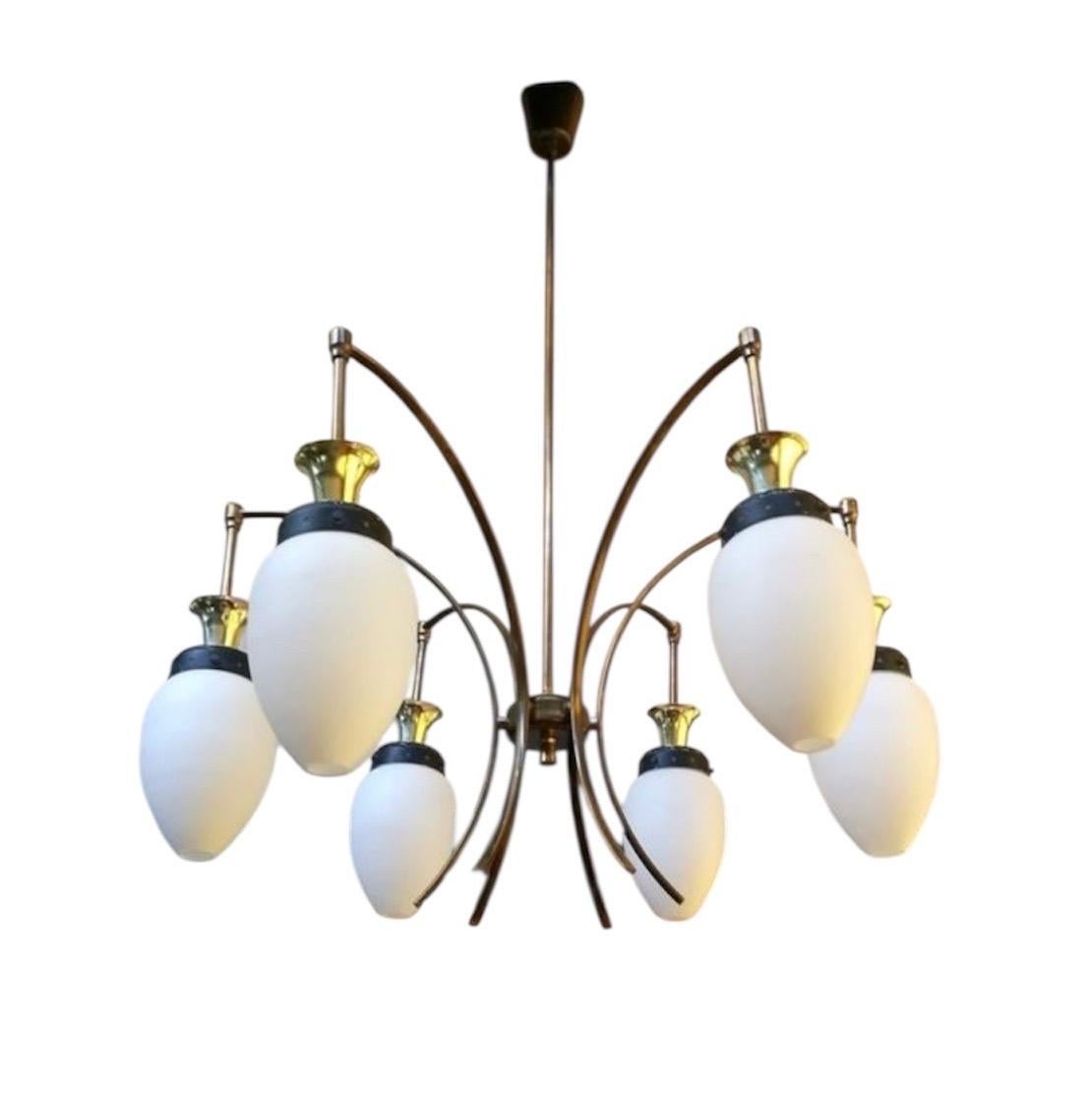 Mid-Century Modern Stilnovo Chandelier brass with 6 opaline glass , Italy 1960 For Sale