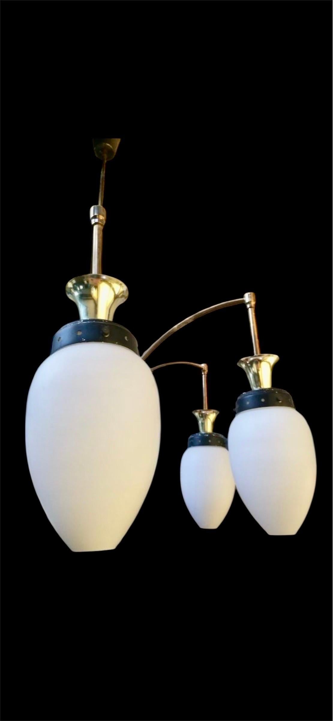 Stilnovo Chandelier brass with 6 opaline glass , Italy 1960 In Good Condition For Sale In La xara, VC