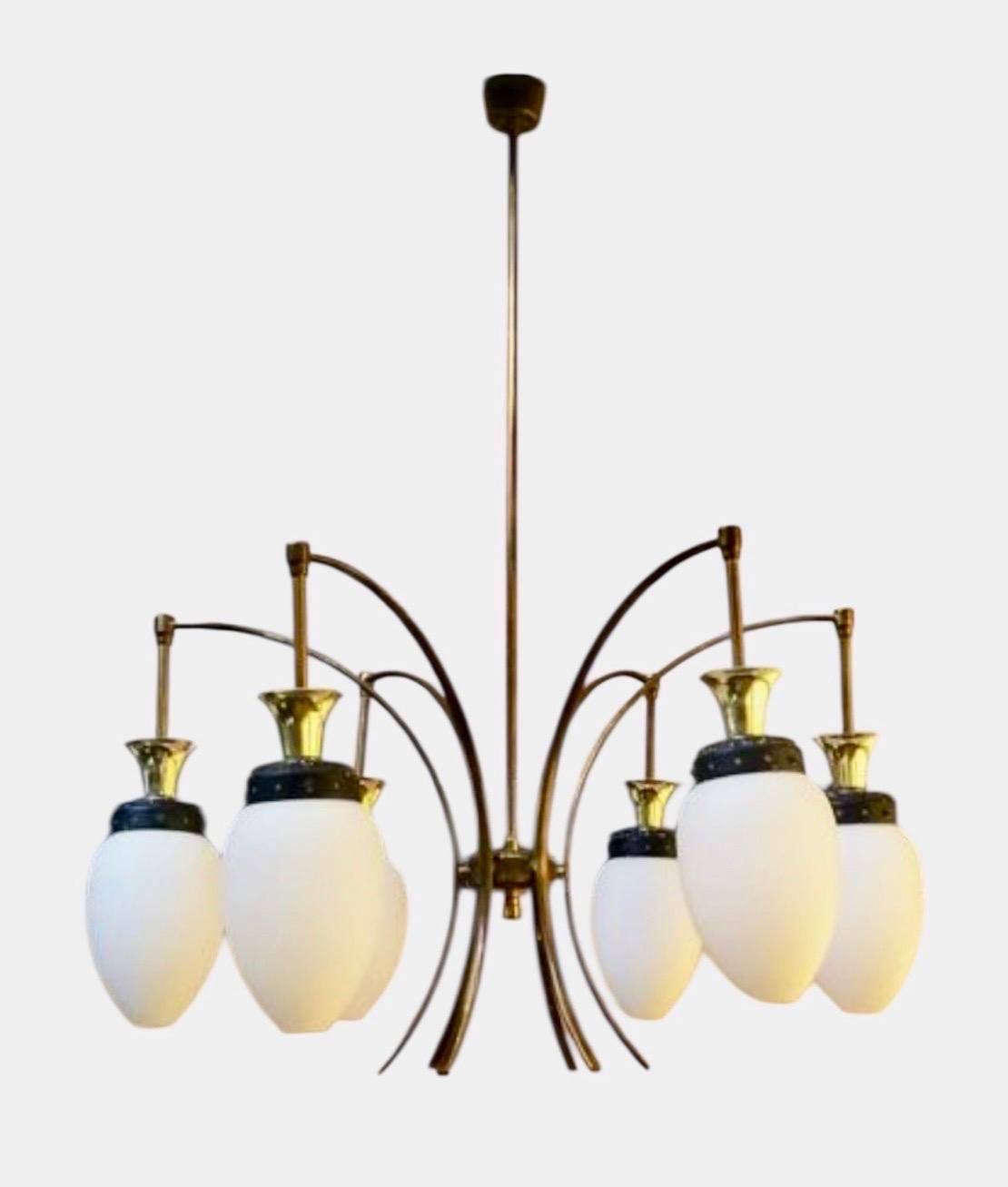 Stilnovo Chandelier brass with 6 opaline glass , Italy 1960 For Sale