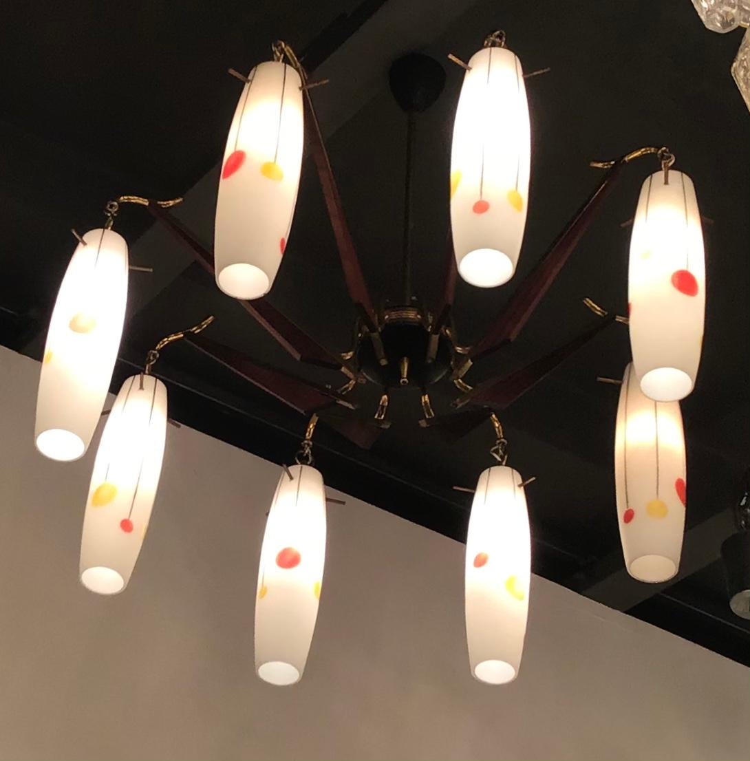 Stilnovo Chandelier Brass Wood Opaline Glass 1955 Italy In Good Condition For Sale In Milano, IT