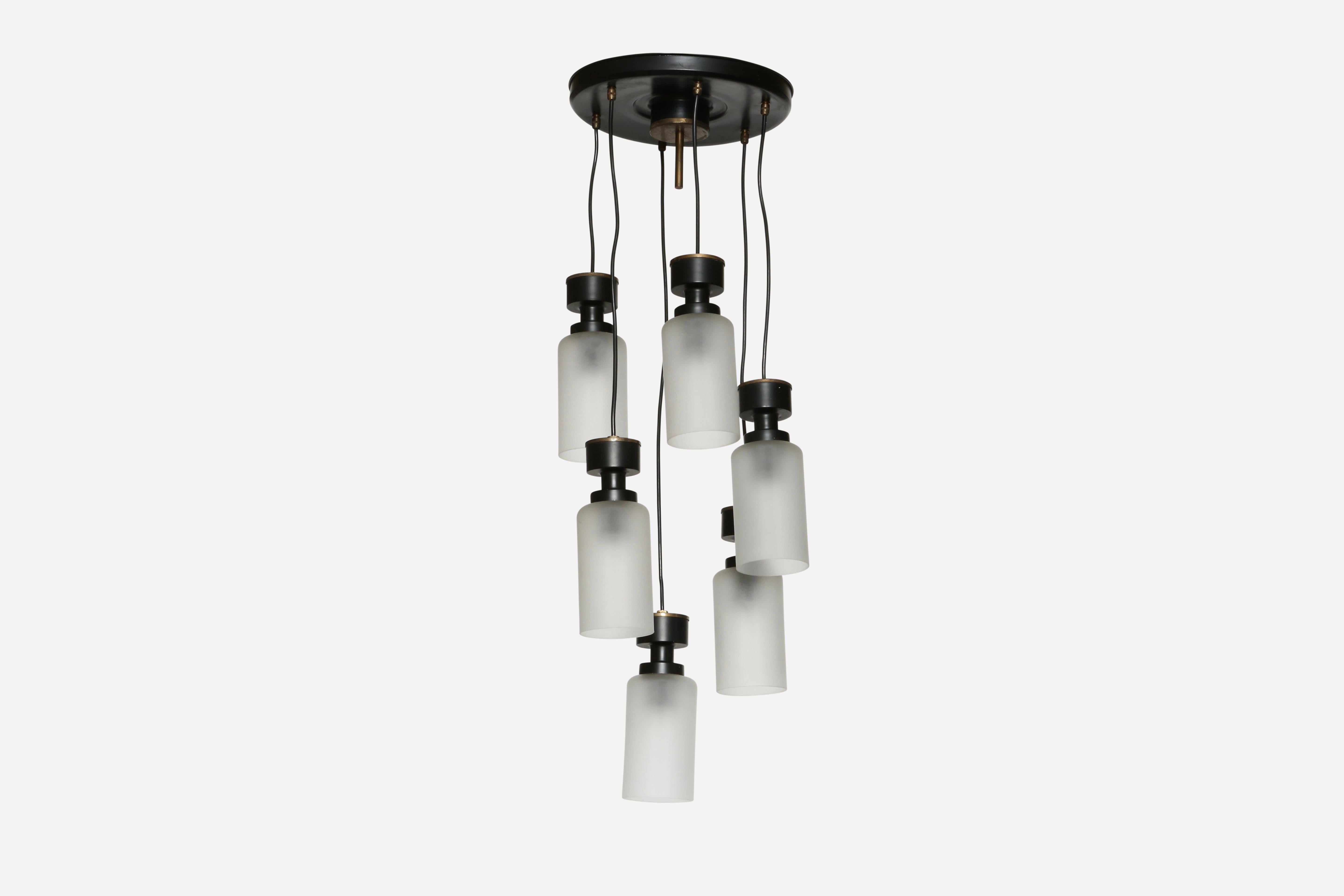 Stilnovo chandelier, attributed.
Designed and manufactured in Italy, 1960s.
Six glass bells with sandblasted glass.
Candelabra sockets.
Complimentary US rewiring upon request.

We take pride in bringing vintage fixtures to their full glory again.
At