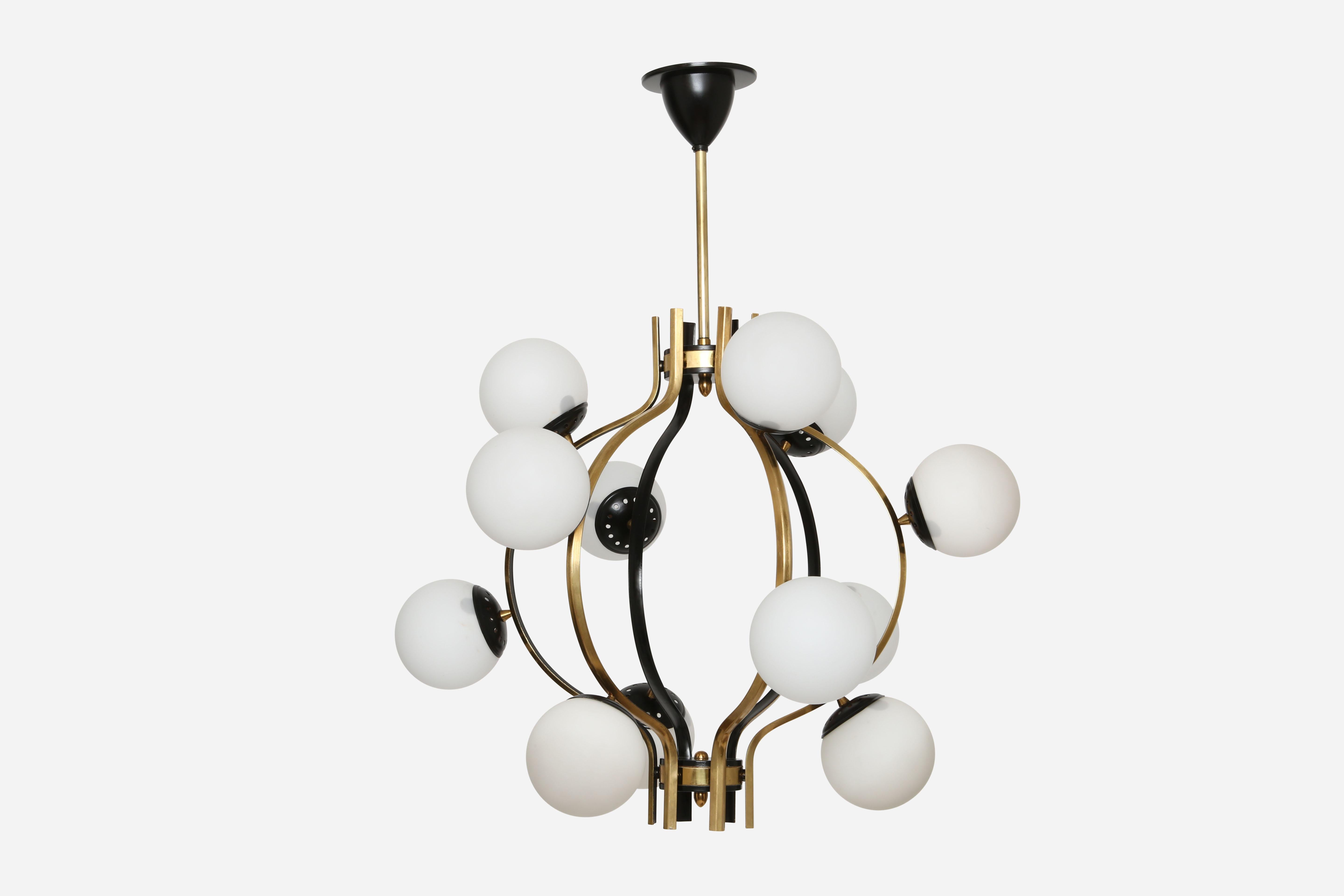 Stilnovo chandelier.
Made with brass, enameled metal and opaline glass globes.
Italy, 1950s.