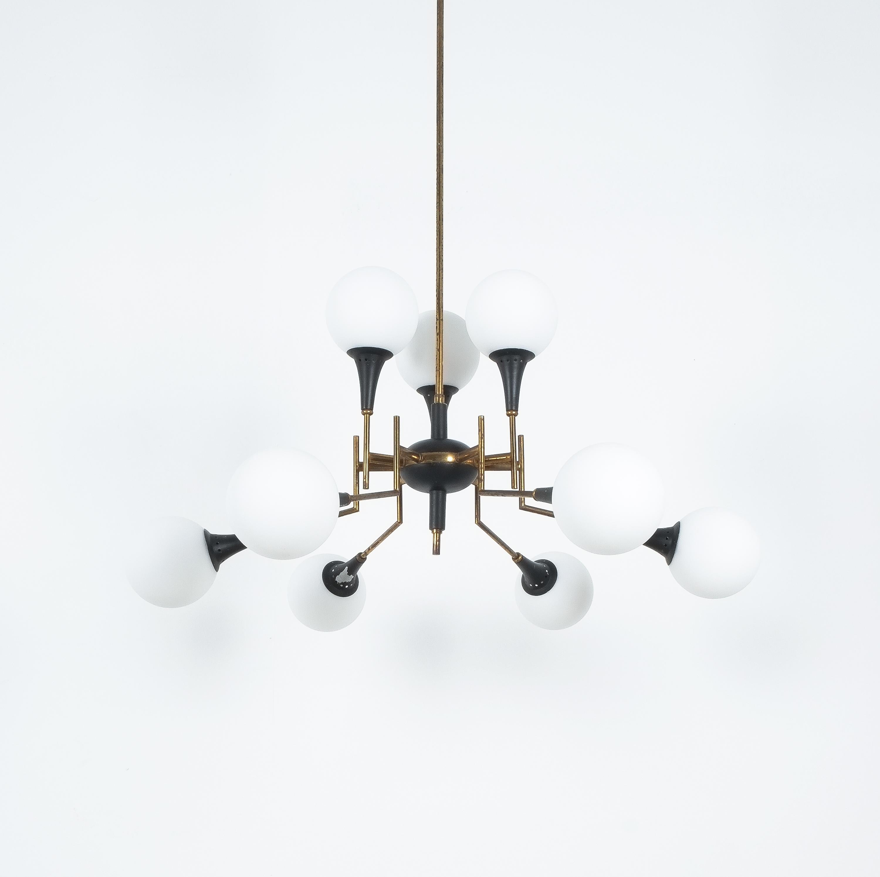 Mid-Century Modern Stilnovo Chandelier from Satinized Glass and Brass, Italy, circa 1950