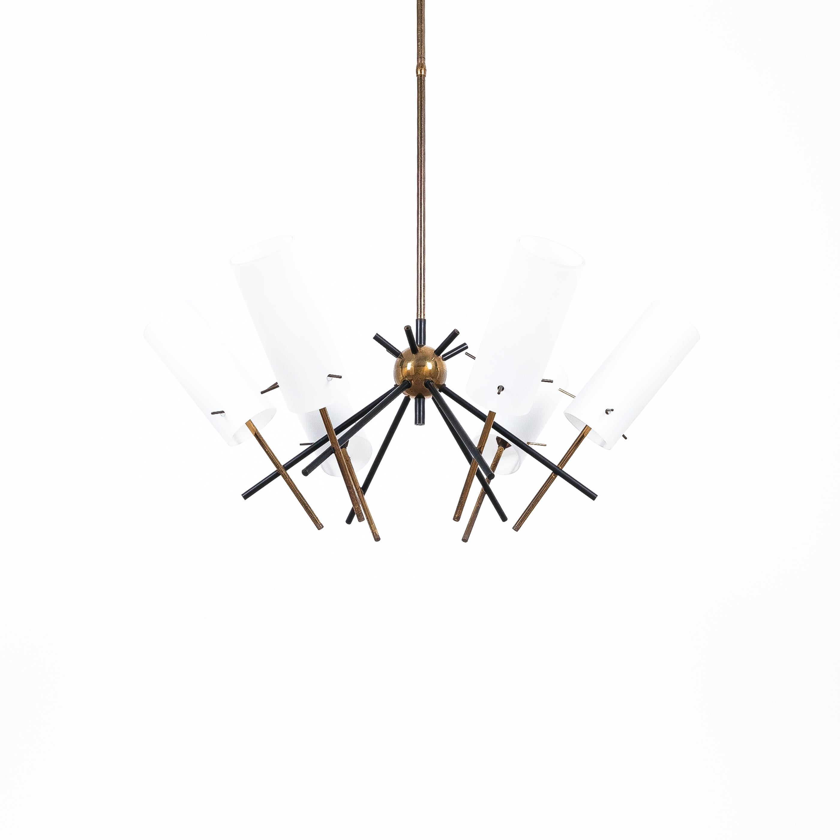 Mid-Century Modern Stilnovo Attr. Chandelier from Satinized Glass and Brass Orbit, Italy, 1950 For Sale