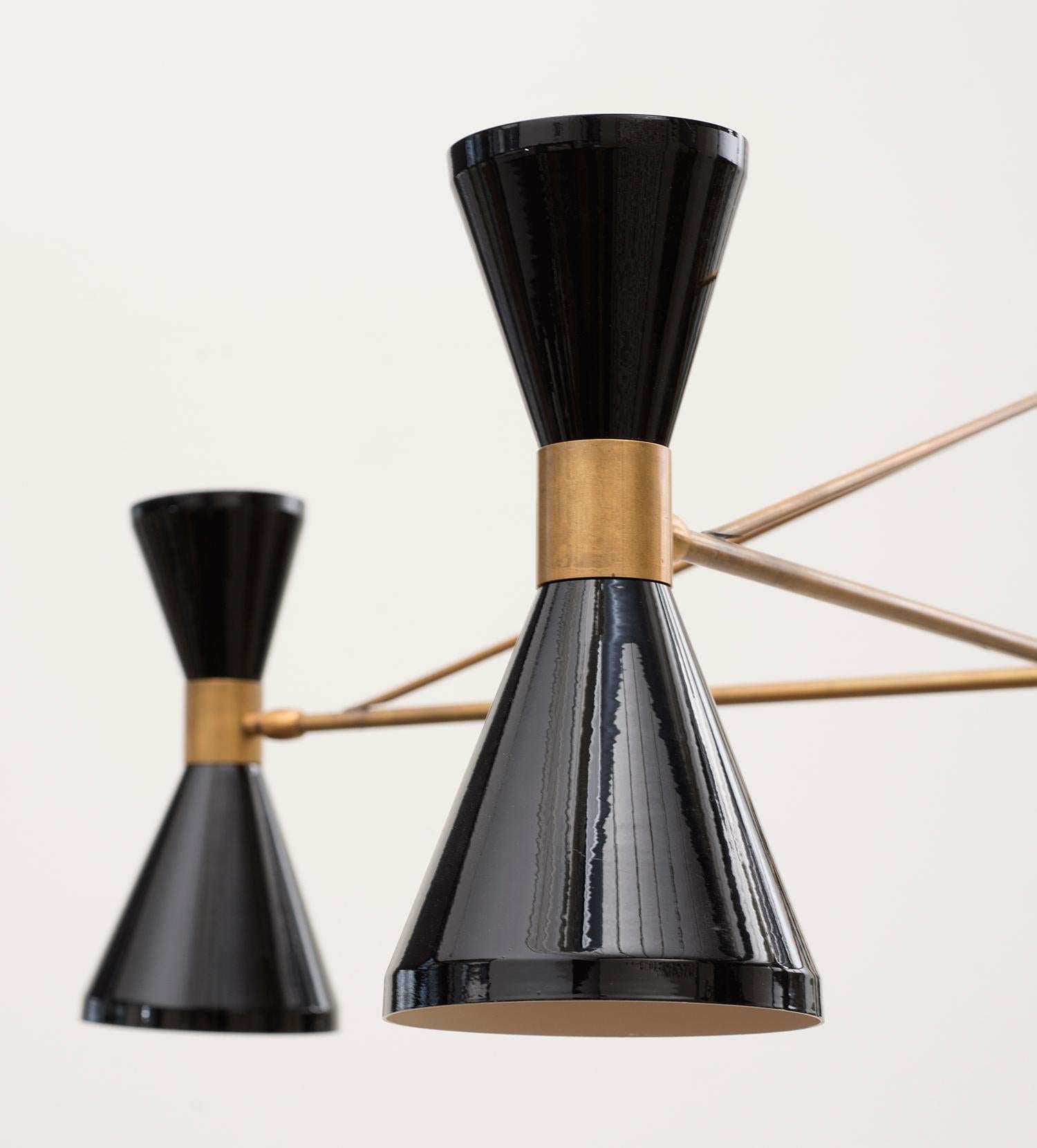 Mid-Century Modern Stilnovo Chandelier In Brass With Black-Laquered Diablo Lamps, Italy, 1950s
