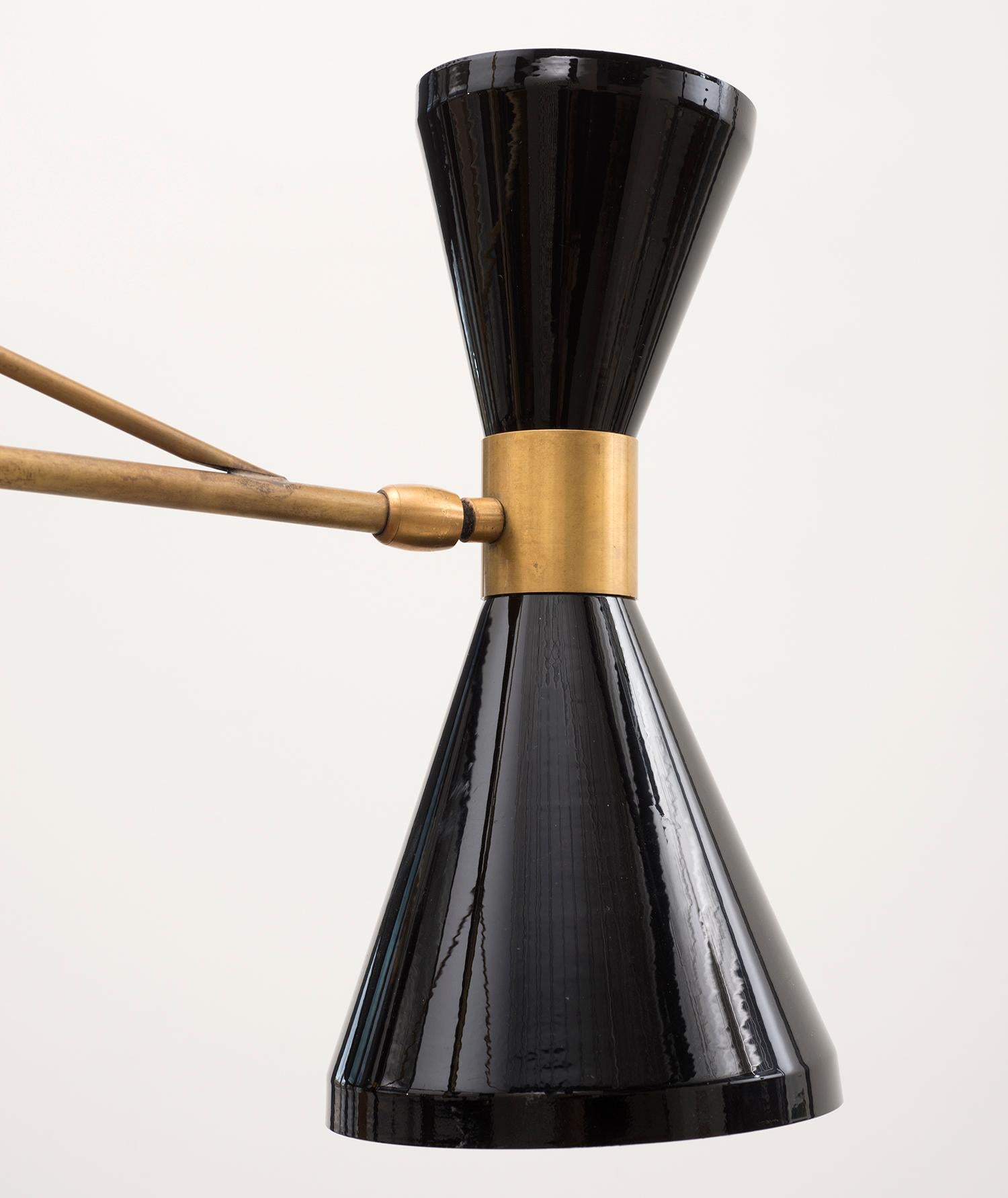 Italian Stilnovo Chandelier In Brass With Black-Laquered Diablo Lamps, Italy, 1950s